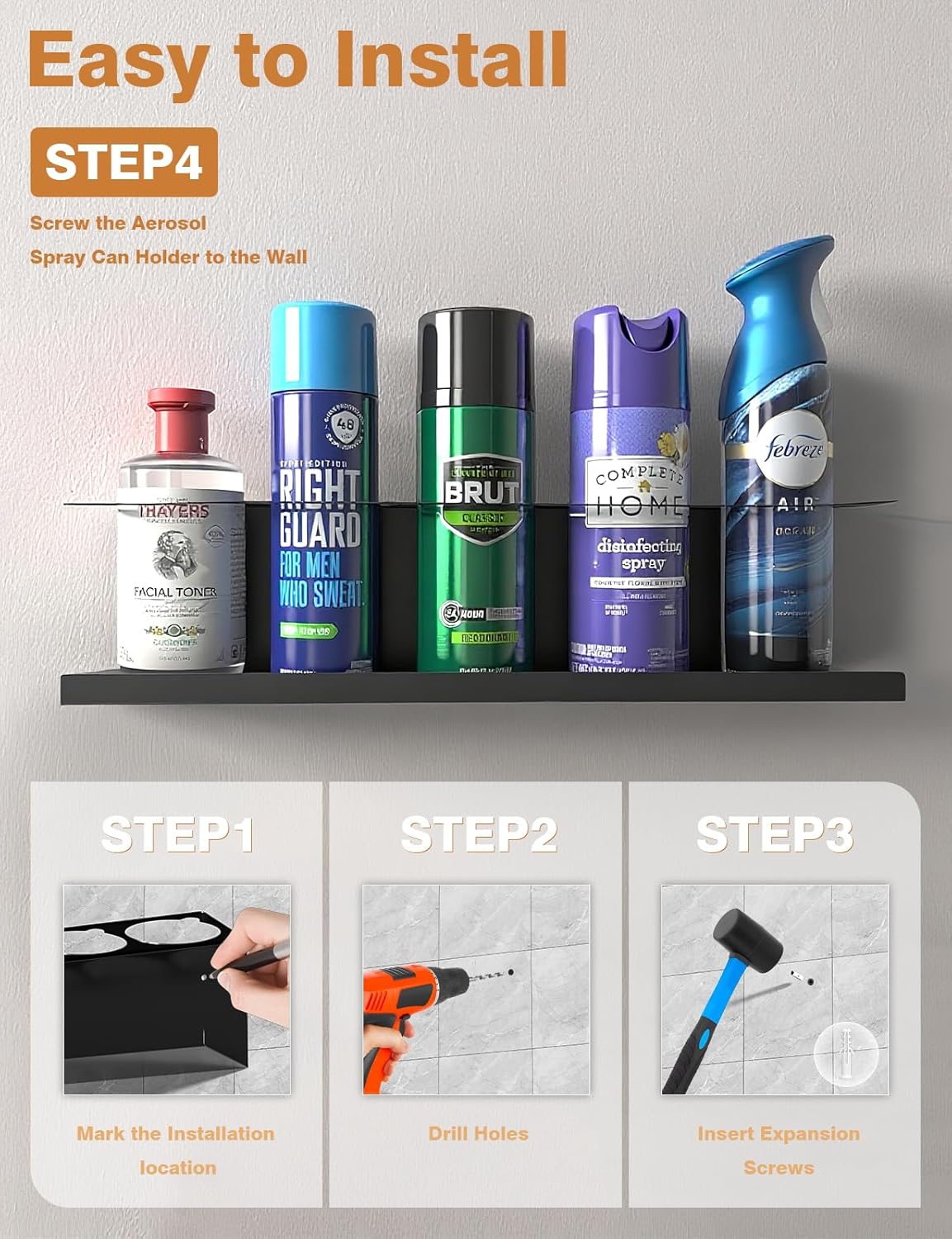 6 Pack Spray Can Holder Organizer, Wall-Mounted Steel Spray Bottle Rack, Tool Box Storage Rack, 5 Cans Metal Paint Can Organizer for Garage, Workspace, Shop, Home or Tool Trailer, Black