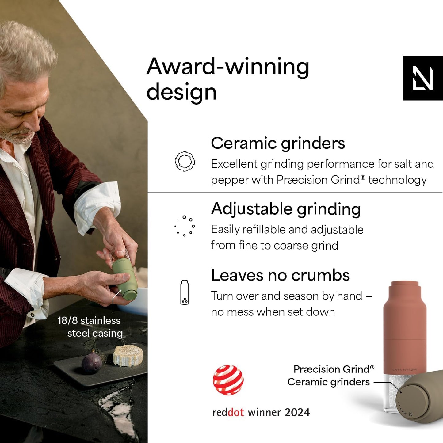 LARS NYSØM Salt and Pepper Grinder Set, Stainless Steel Manual Salt and Pepper Mills, Adjustable Ceramic Grinder, Design Spice Shakers (Red/Brown)