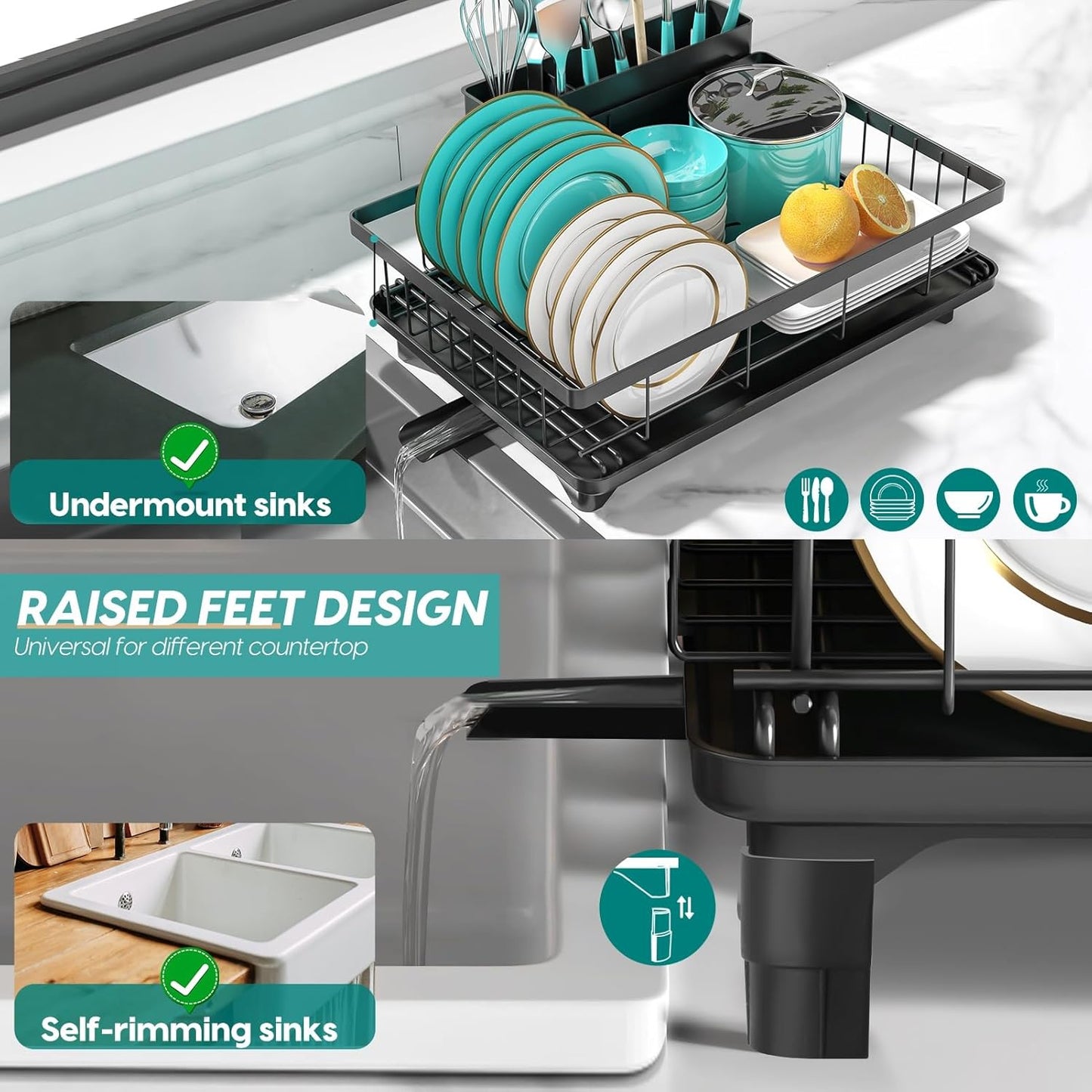 MERRYBOX Dish Racks for Kitchen Counter, 2025 Upgrade Large Sink Dish Drying Rack with 3-Compartment Utensil Holder 16.8" D x 13" W x 5.71" H