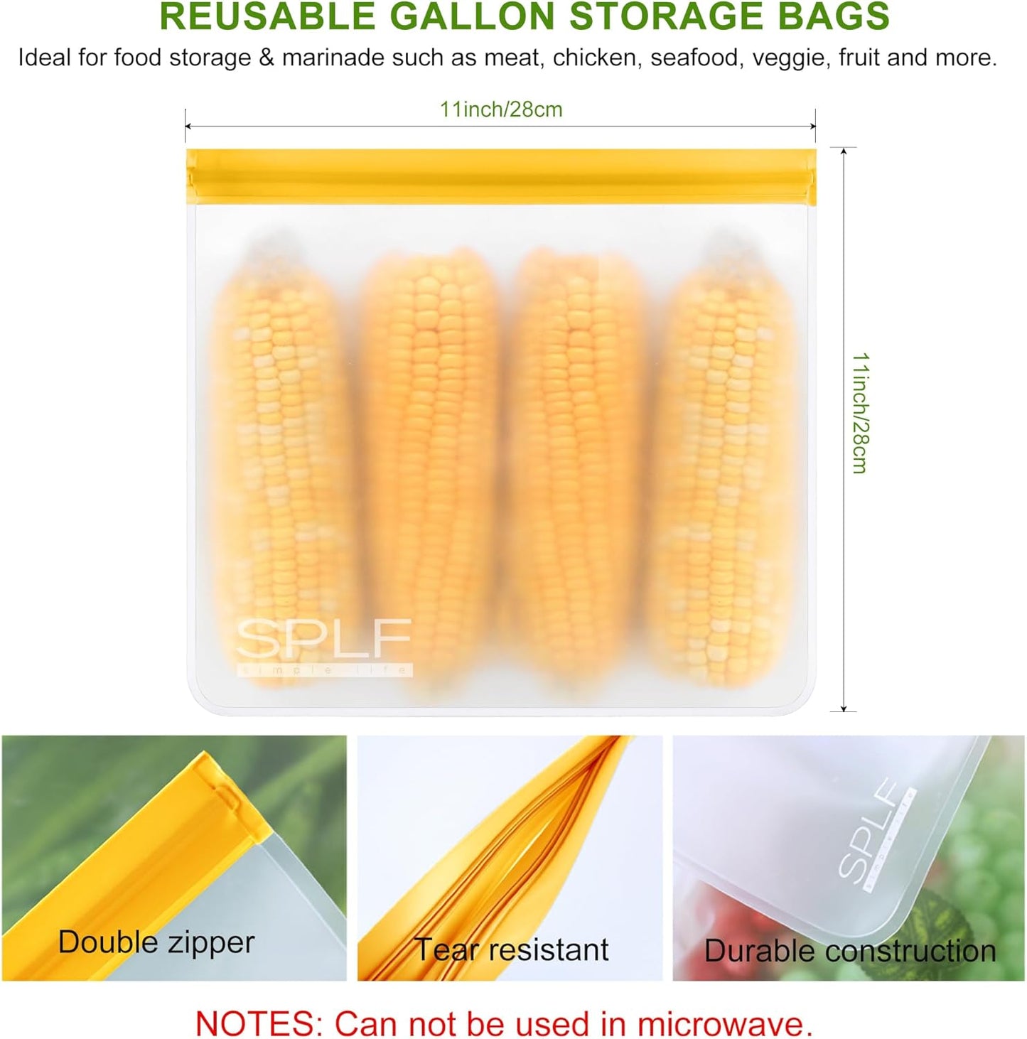 SPLF 6 Pack Reusable Gallon Freezer Bags Dishwasher Safe, BPA Free 1 gallon Leakproof Silicone and Plastic Free Food Storage Bags for Meal Prep, Fruits, Sandwich, Snack, Travel Items - Muticolor