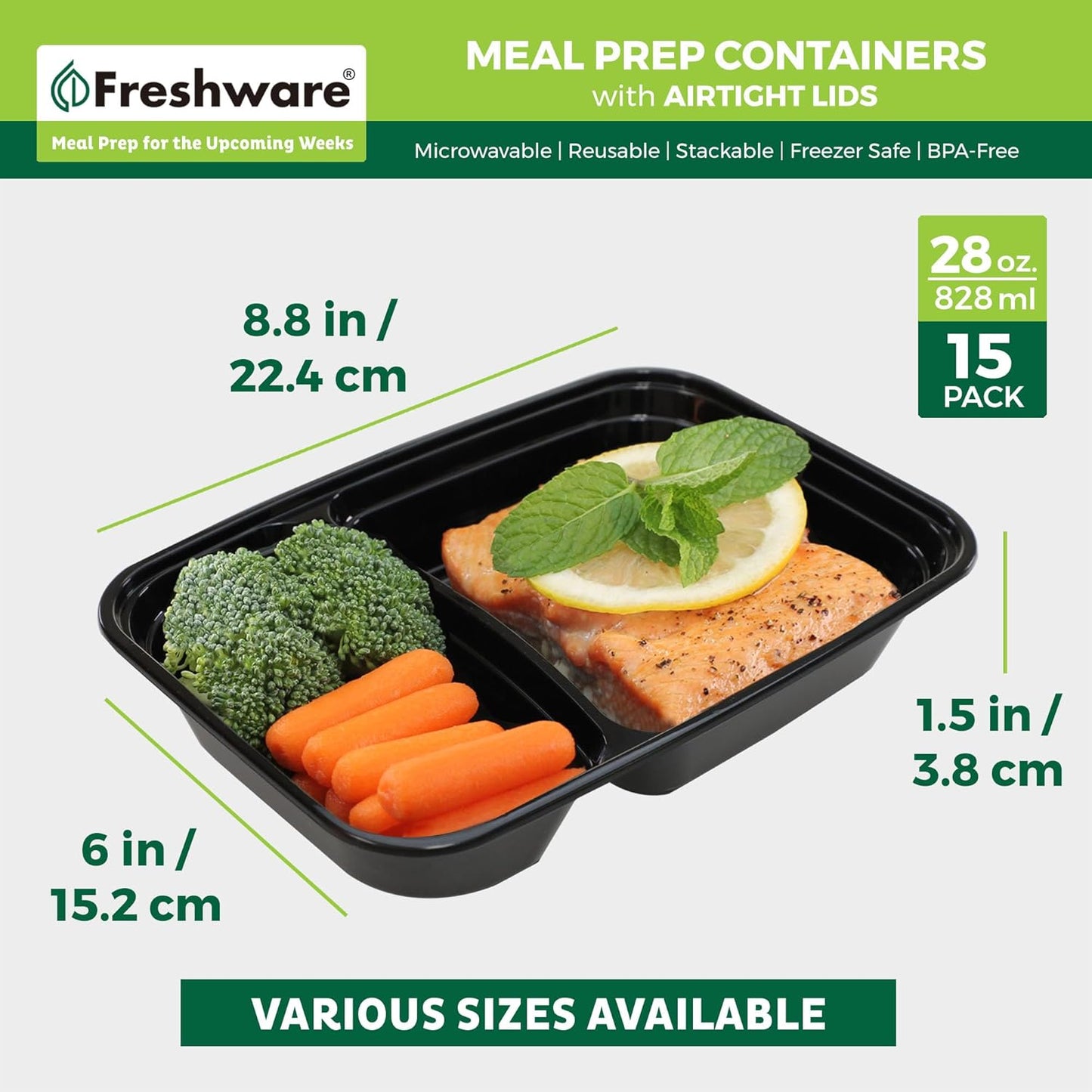 Freshware Meal Prep Containers [15 Pack] 2 Compartment with Lids, Food Storage Containers, Bento Box, BPA Free, Stackable, Microwave/Dishwasher/Freezer Safe (28 oz), Black