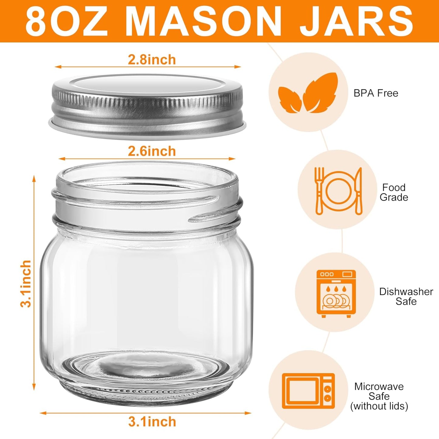 6 Pack Small Mason Jars with Labels, 8 oz Glass Jars with Airtight Lids, Half Pint Canning Jars for Jelly, Jam, Honey, Pickles, Spice, Overnight Oats, Food Storage, Candle & DIY Present