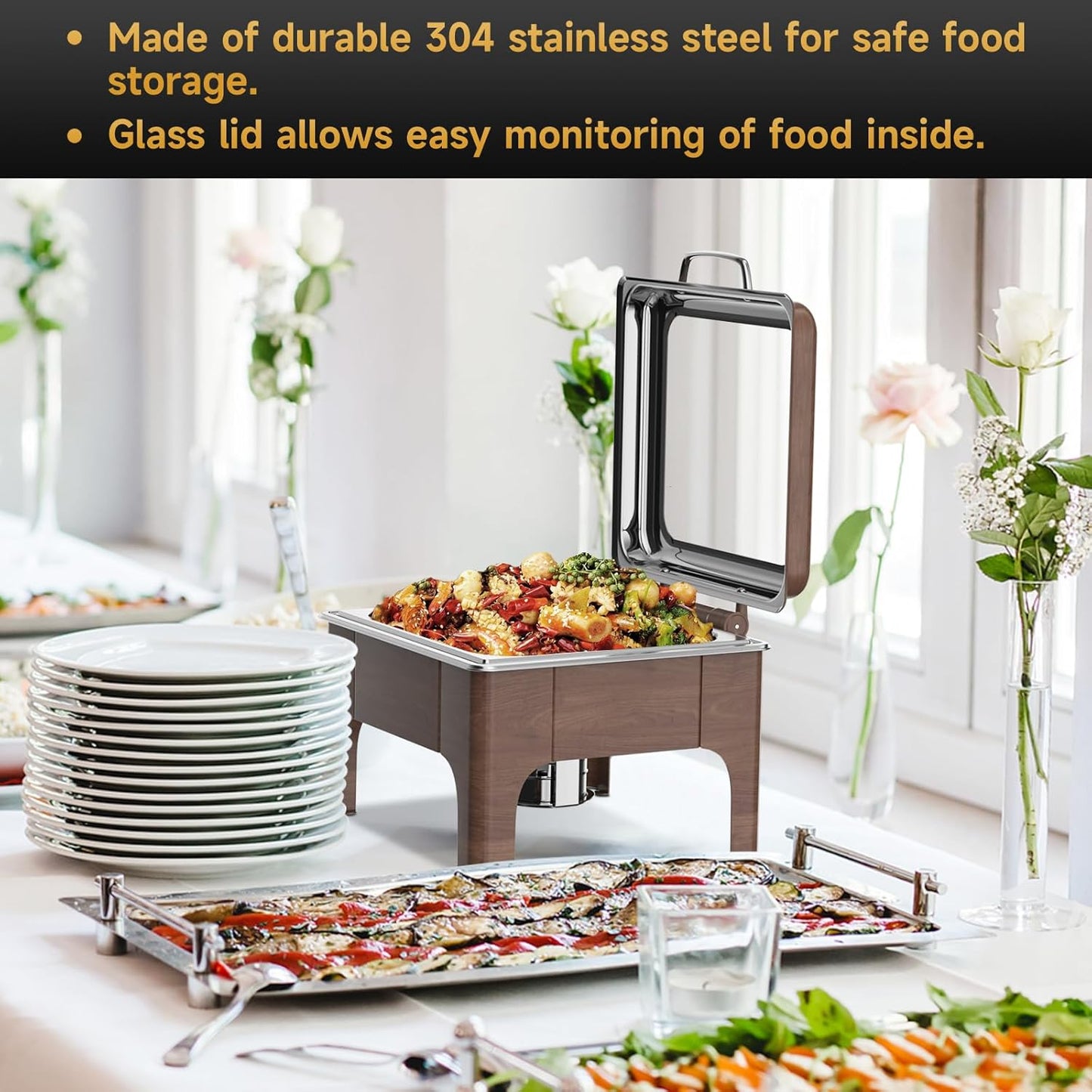 Chafing Dishes for Buffet, 6QT Square Stainless Steel Chafing Dish with Transparent Hydraulic Lid, 304 Food Pan, Buffet Warmer for Parties and Events (Wood Color)