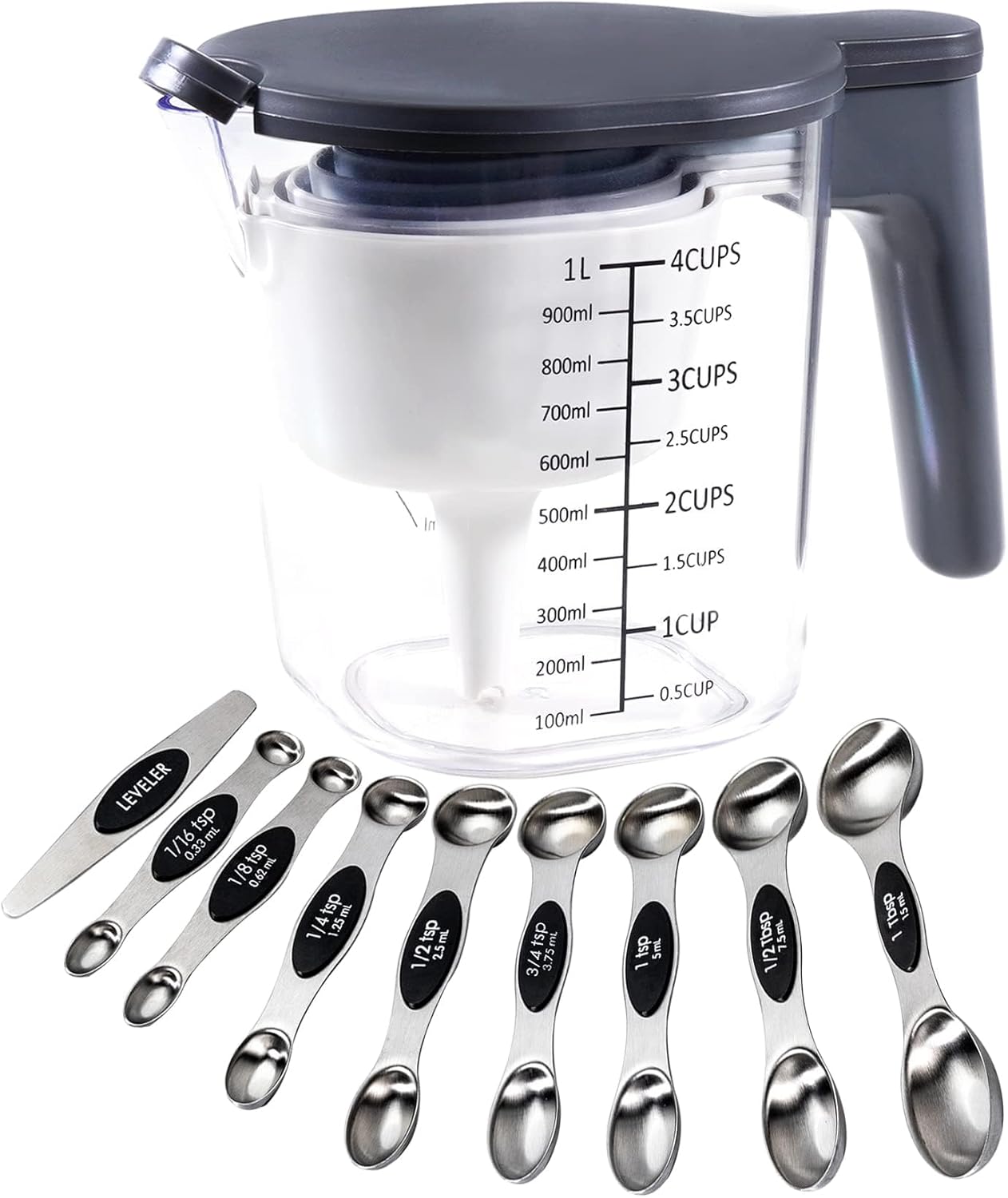 19 Pieces Measuring Cups and Spoons set, Includes 10 Stackable Measuring Cup with Lid and 9 Magnetic Measuring Spoons, Tablespoon for Liquid and Dry, BPA Free, Dishwasher Safe (Black)