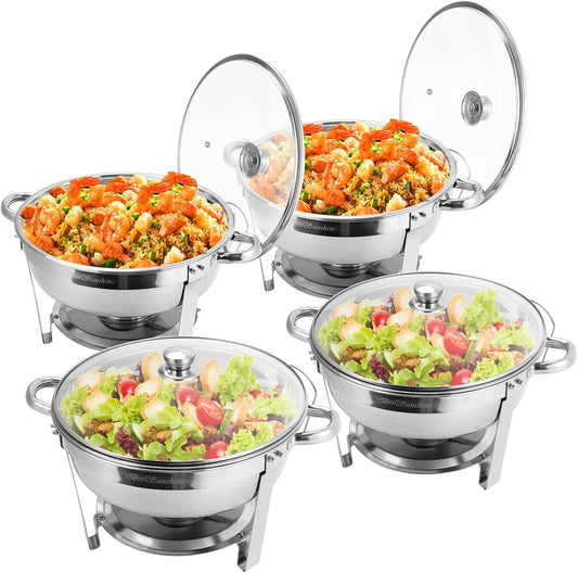 Chafing Dish Buffet Set 4 Packs, 5 QT Stainless Steel Round Chafing Dishes with Glass Lid & Lid Holder, Food Warmer for Parties Buffet Weddings Catering Events