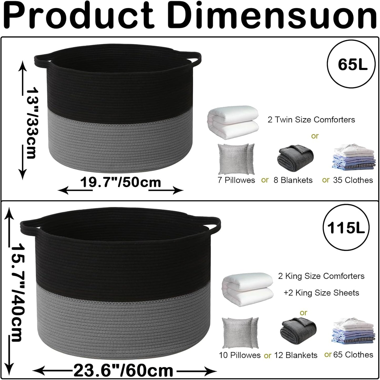 Large Blanket Basket for Organizing,65L Closet Organizers and Storage Bins Box for Shelves Woven Rope Storage Baskets,Living Room,Bedroom,Dorm,Laundry room (Black&Dark Grey)