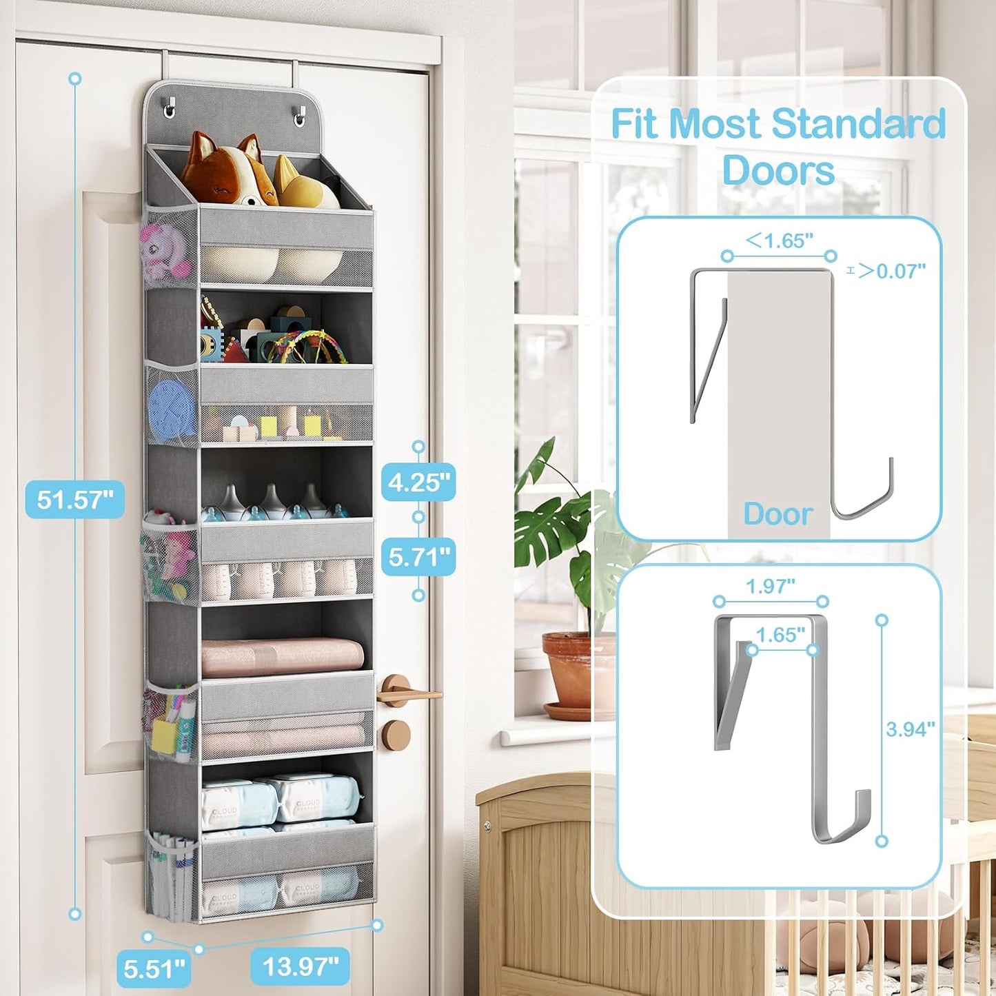 LAMU 1 Pack Over The Door Organizer Hanging with 5 Large Pockets and 10 Mesh Pockets, 44lb Over The Door Storage for Closet, Nursery and Bathroom, Behind The Door Storage with Clothes and Toys, Gray