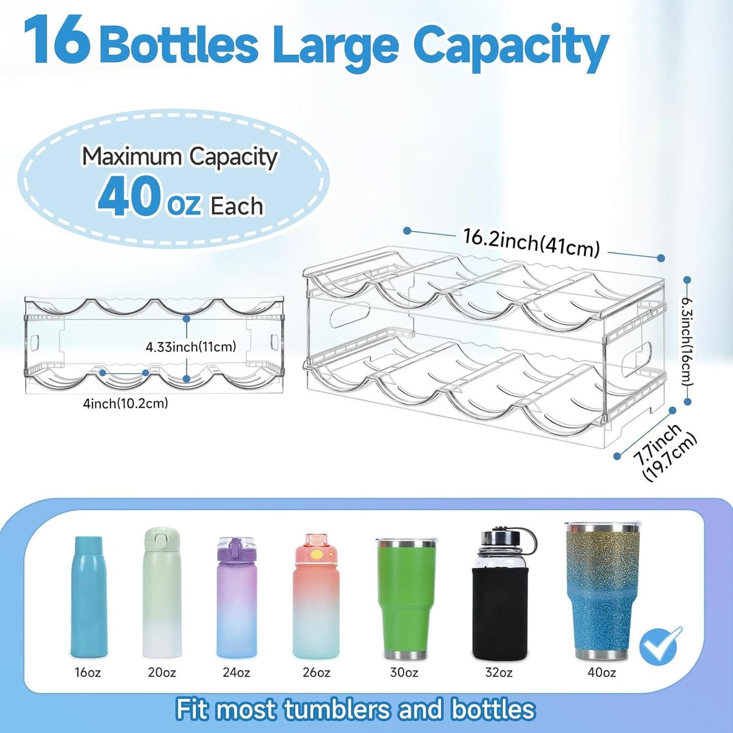 Large Compartment Water Bottle Organizer,2 Tier Stackable Water Bottle Rack for Cabinet,Tumbler Storage Organizer for Kitchen,Fridge,Cabinet Organization and Storage