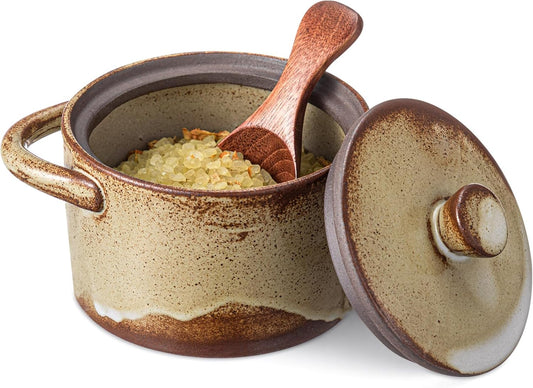 Honeydak Speckled Ceramic Salt Cellar with Lid and Wooden Spoon, Rustic Farmhouse Salt Pepper Cellar Holder for Housewarming Gift, Heavyweight Spices Jar for Kosher, Sea, Sugar(Retro Color)