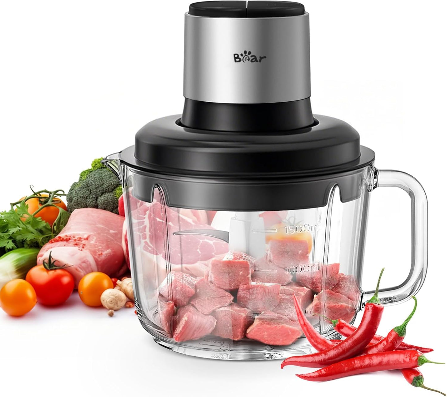 Bear Food Processor, Electric Food Chopper with 8 Cup/2L Handheld Glass Bowls, No-Hole 4 Bi-level Stainless Steel Blades for Easy Cleaning, 2 speed 250W Power Motor Grinder for Meat, and Baby Food