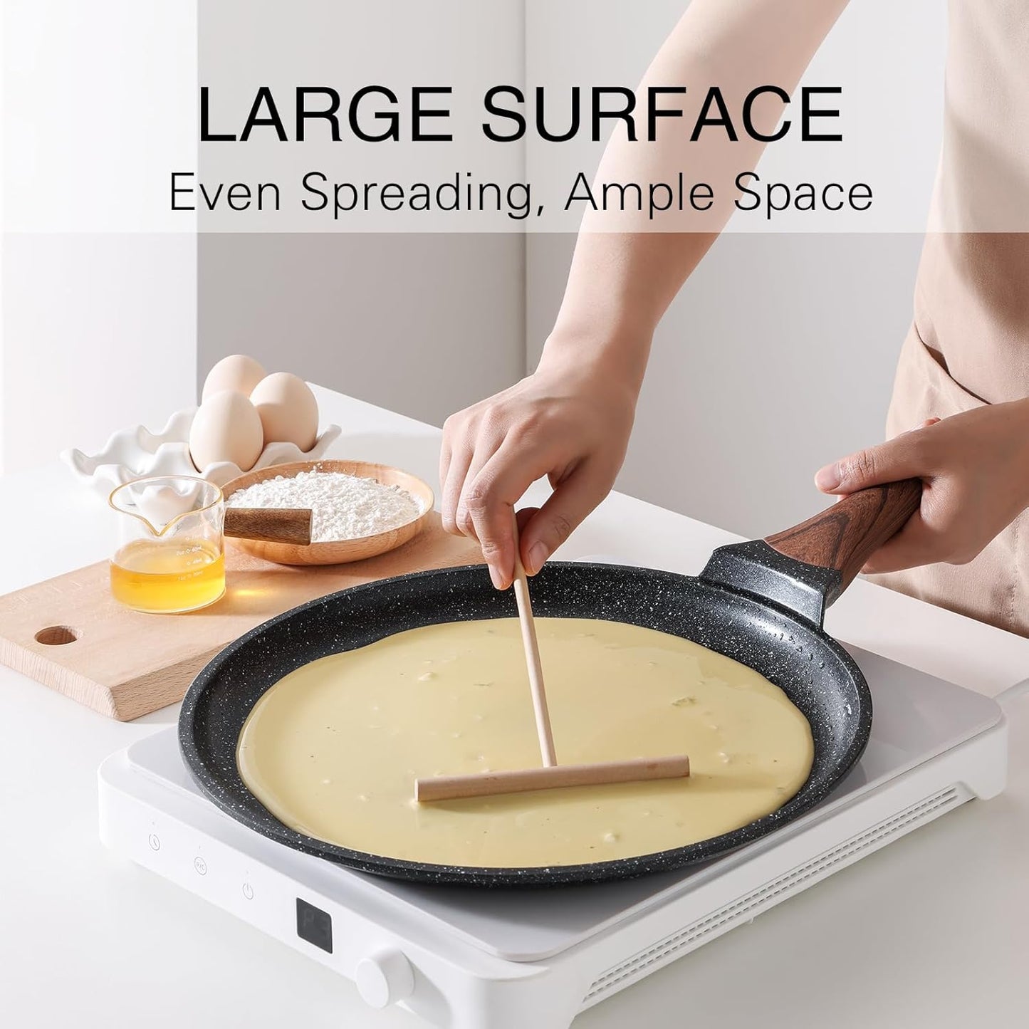 Crepe Pan Nonstick, 10 Inch Dosa Pan with Spreader, Granite Coating Comales Para Tortillas Pancake Pan, Flat Pan for Stove Top, Induction Compatible, PFOA Free