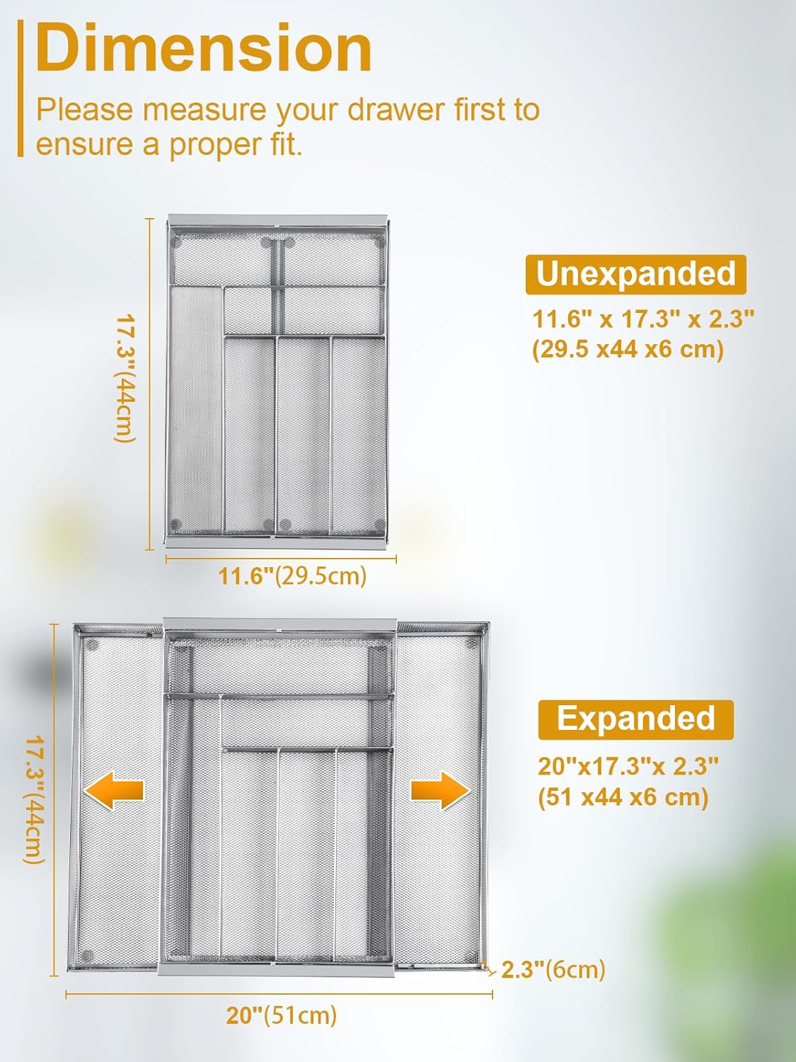 Silverware Organizer Metal Mesh, Large Drawer Organizer, Utensil Cutlery Tray for kitchen drawers, Expandable Flatware Organizer with 8 Compartment Silver 11.6"~20" x 17.3"