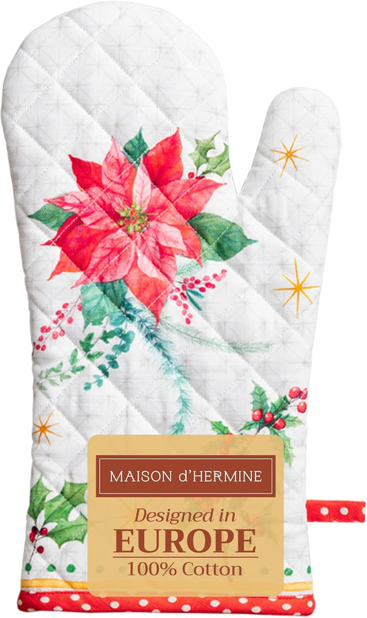 Maison d' Hermine Oven Gloves 100% Cotton Oven Mitt 7" x 13" with Loop Heat Resistant, BBQ, Cooking Gloves, Baking, Grilling, Kitchen, Handling Hot Pans (Pack of 1, Poinsettia Christmas)