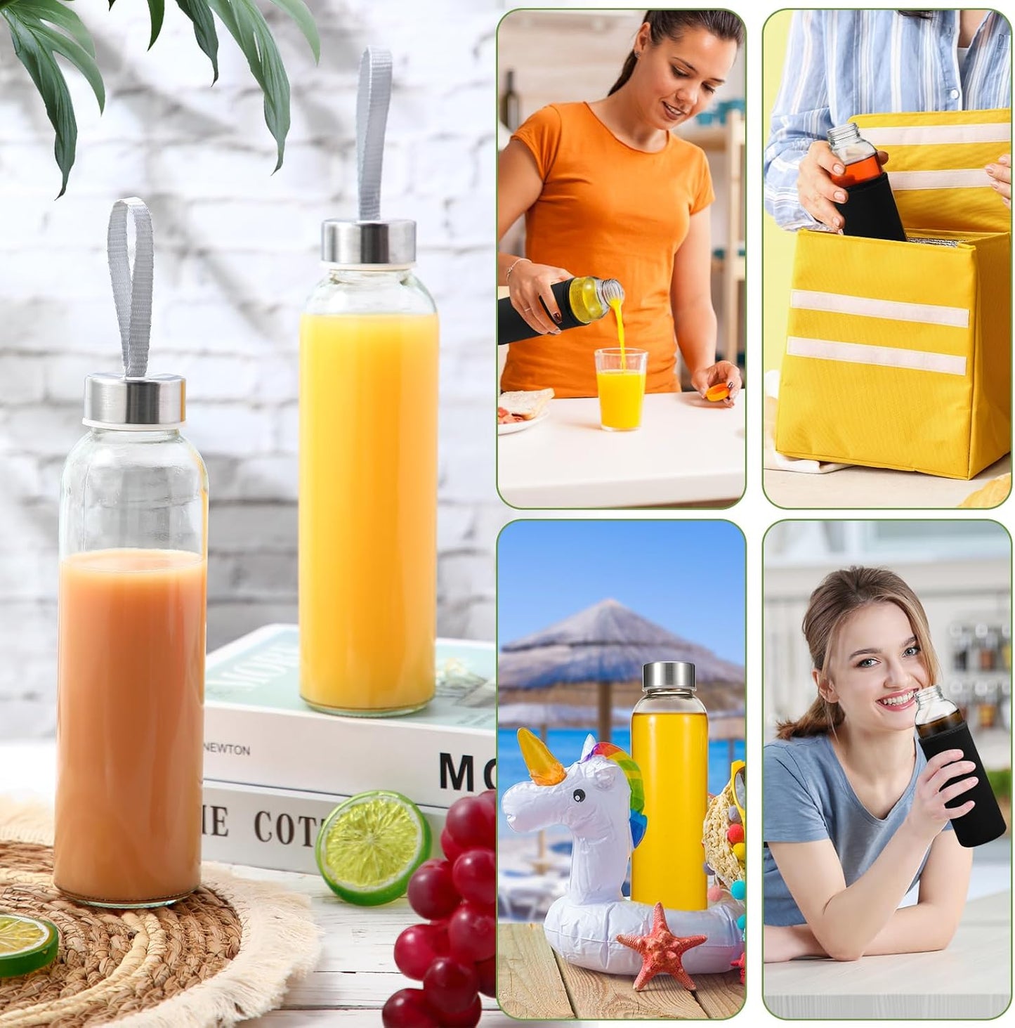 Vesici 12 Set 18 oz Clear Glass Water Bottles, Reusable Glass Juicing Bottles with Protection Sleeve and Stainless Steel Leak Proof Lids for Milk Smoothie Juice Beverage Tea (Black,Stylish)