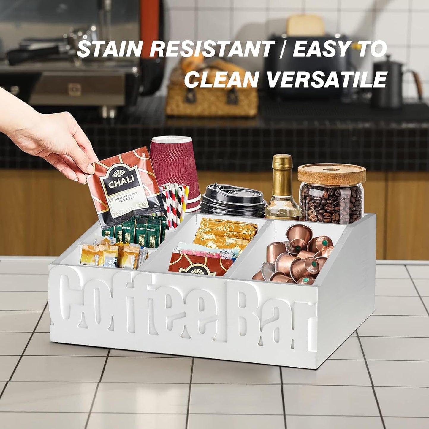 Coffee Bar Organizer for Accessories, Wood Station for Countertop, Farmhouse Pod Holders, White Condiment Organizer for Decor