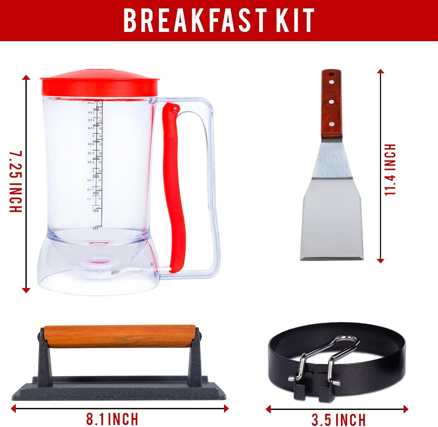 Eggssentials Griddle Breakfast Kit Compatible with Blackstone Griddle, Pancake Batter Dispenser, Bacon Press, 4 Egg Rings & Stainless Steel Spatula - Best for Indoor-Outdoor Cooking.