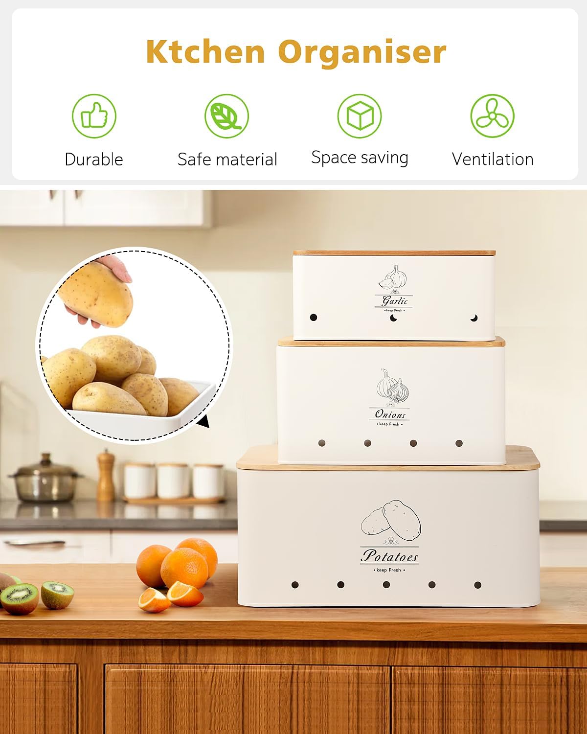 Kitchen Vegetable Storage Tins Set of 3 for Potatoes, Onion, Garlic, Vegetable Storage Containers with Ventilation and Bamboo cover, White metal material, Potato and Onion bin for Pantry