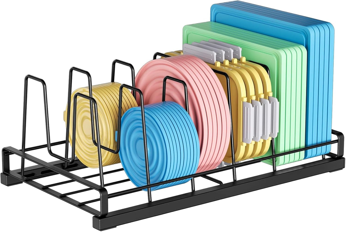 Food Container Lid Organizer for Cabinet, 6 Adjustable Dividers Metal Pot Lid Organizer, Pots and Pans Organizer Under Cabinet Storage Plastic Lids Pots Cookie Sheets for Cabinets, Cupboards, Drawers