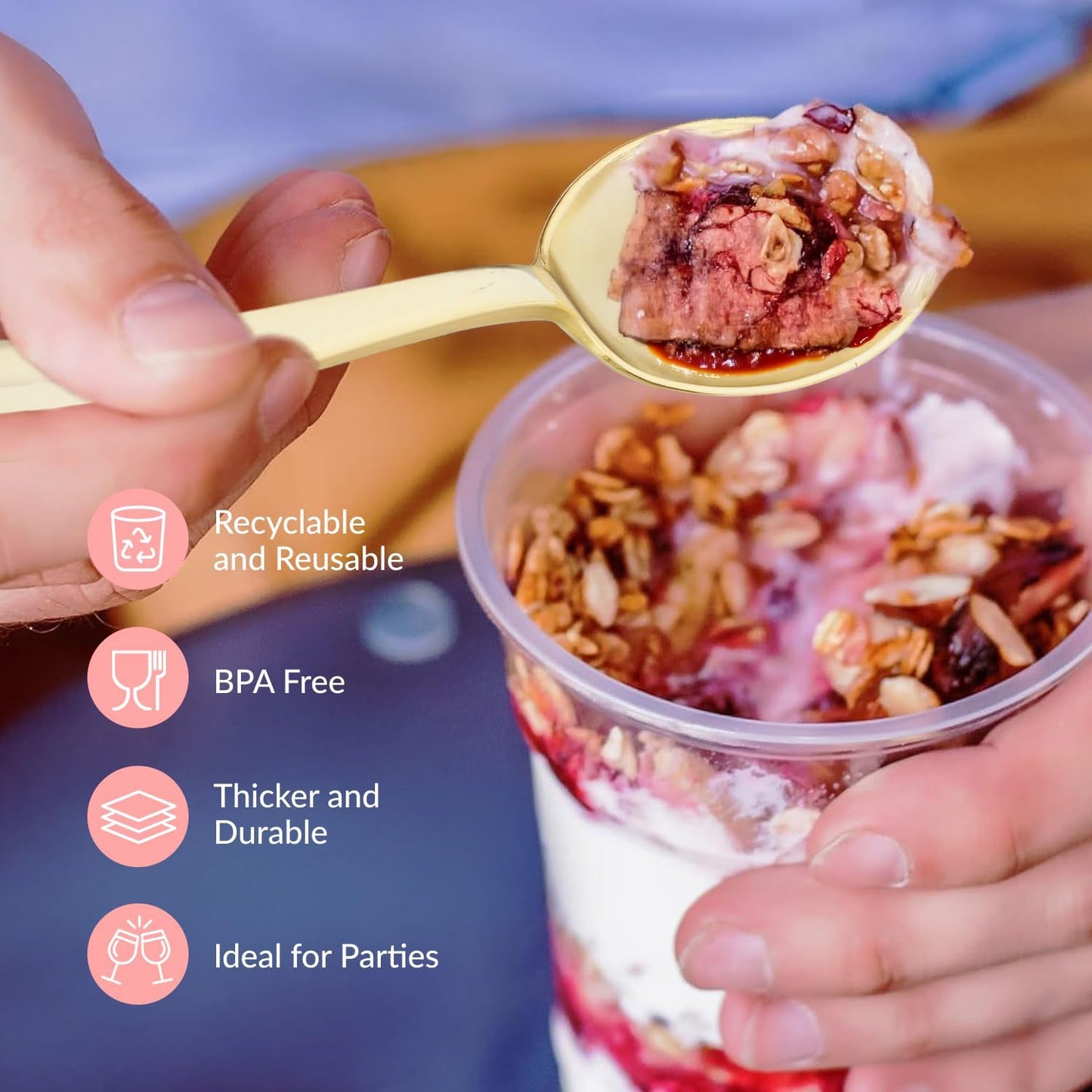 Prestee Gold Plastic Spoons, 300 Pc, Disposable Spoon Cutlery Flatware Pack for Party, Wedding Events, Sparkle & Glamour - Plastic Utensil Set for Parties, Events and Everyday Use