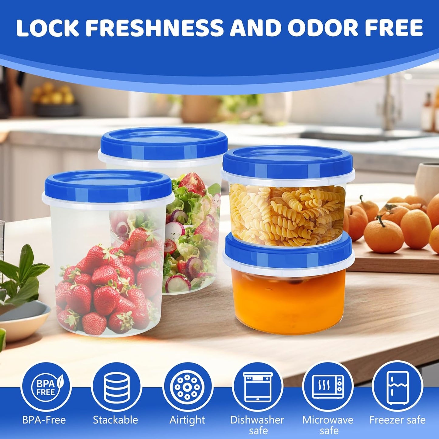 Heavy Duty Airtight Plastic Containers with Twist Top Lids, Stackable Freezer Containers for Lunch, Salad, Soup, Leftover, Ice Cream, BPA Free [6 Pack-32 oz]