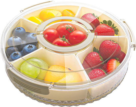 Divided Serving Tray with Lid Rotating Veggie Tray Charcuterie Tray for dinner party, Portable Snack Spinner for Picnic, Travel, Leakproof Serving Platter