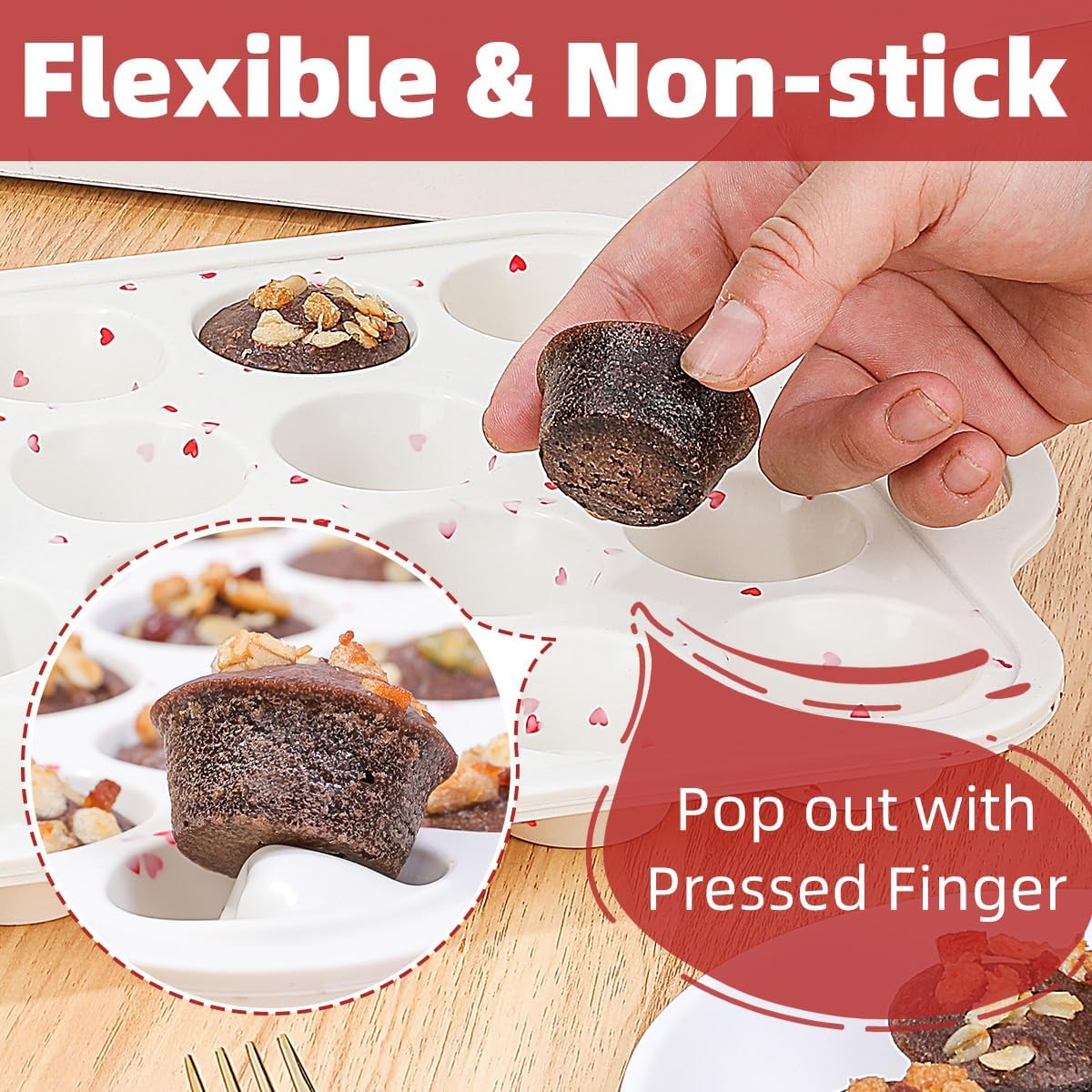 Mini Muffin Pan, Metal Reinforced Frame Mini Cupcake Pans 24 Cups Nonstick Muffin Silicone Molds with Handle for Baking Muffins, Cupcakes, Egg Bites 2 Pack Heart-Shaped