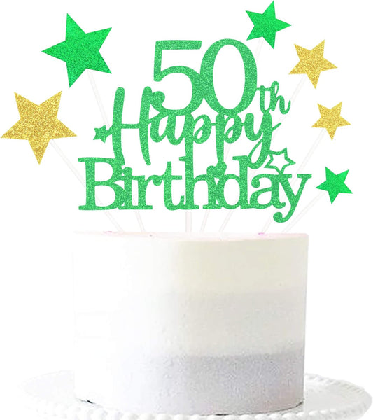 Glittery 50th Happy Birthday Cake Topper with Star,Personalised 50 Birthday Cake Toppers Party Decorations Party Supplies for Boys Girls Green Gold