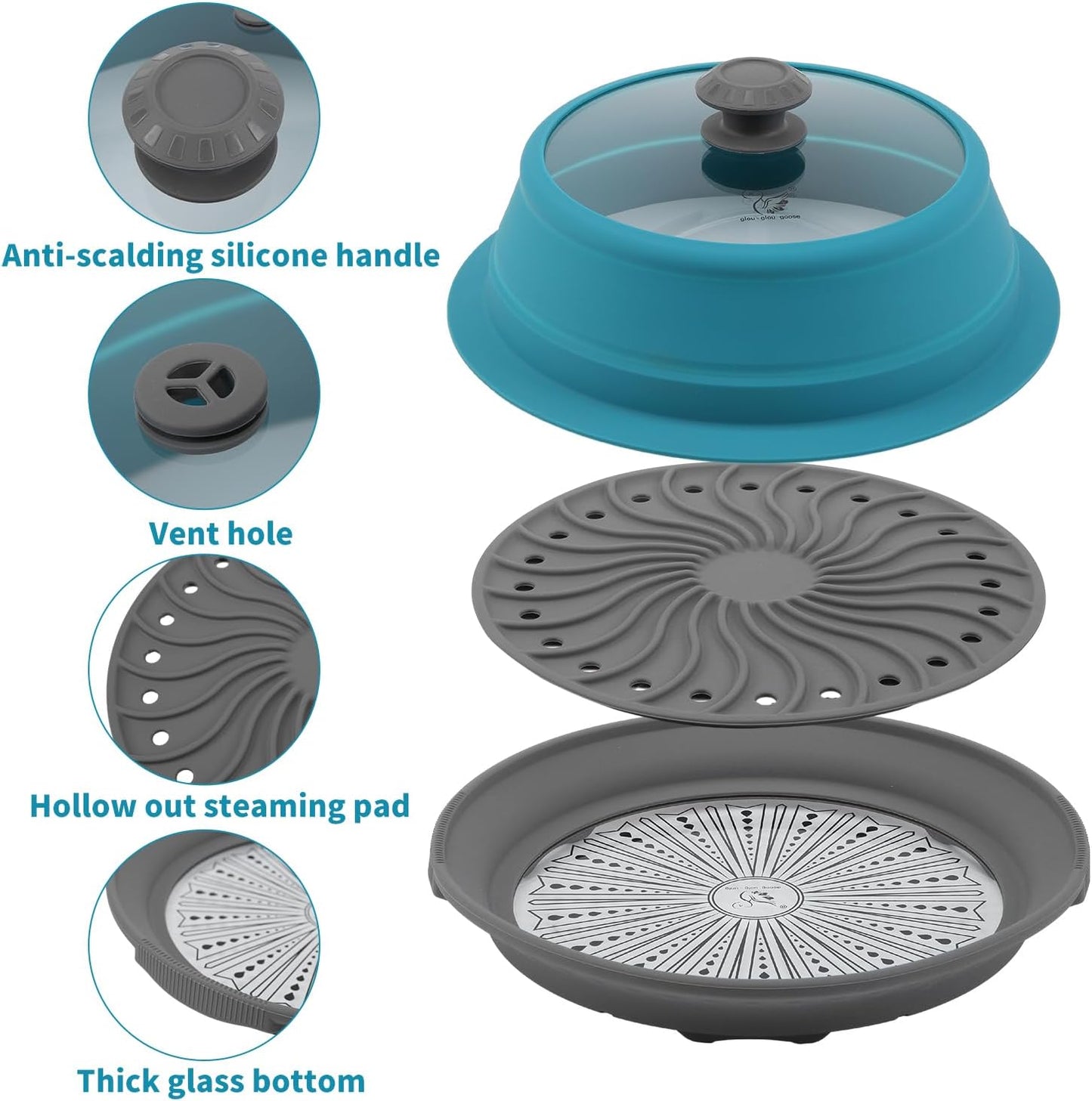 Microwave Splatter Silicone Cover Collapsible Steamer, Vented Multifunction Splash Lid with Glass Dish Bowl Plate for Food Cooking Bacon Maker, Dishwasher Safe BPA-Free 10.5 inch Cookware Set