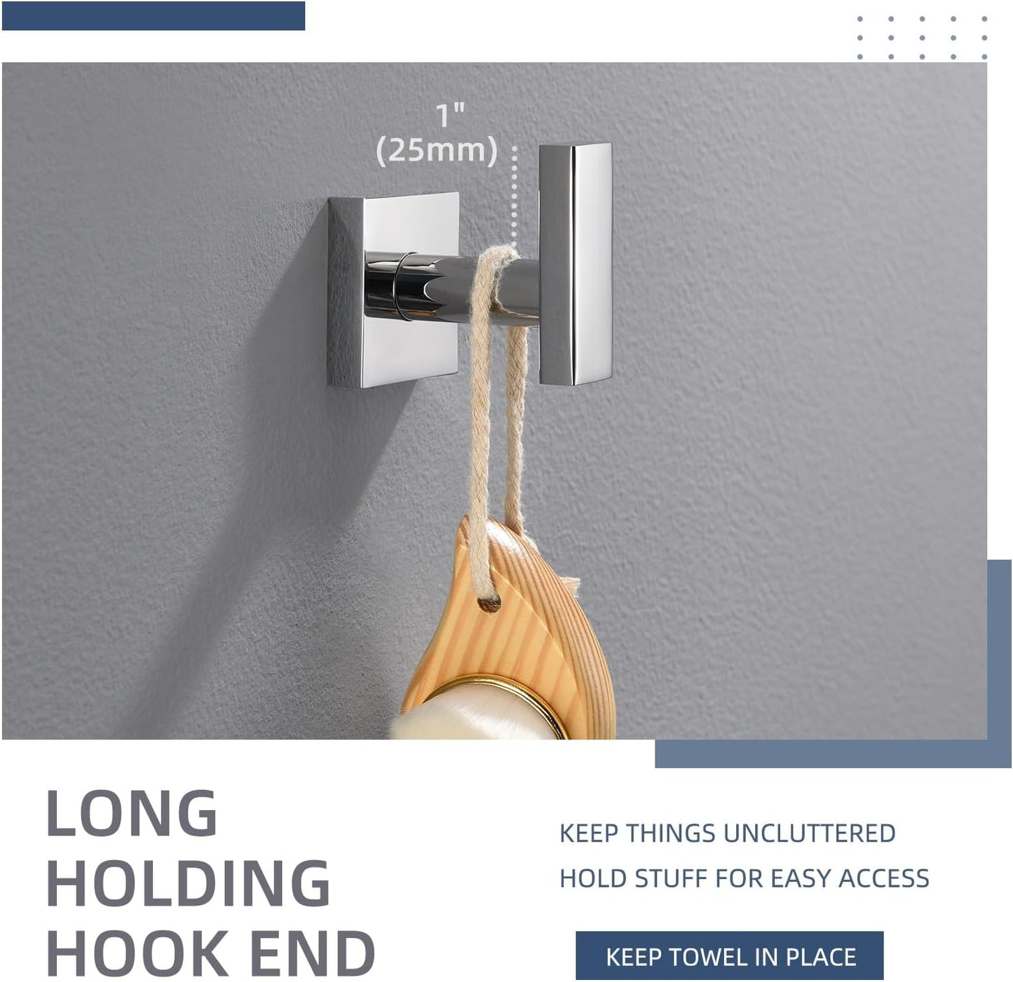 Angle Simple Towel Hook for Bathroom, SUS 304 Stainless Steel Robe Coat Hook, Hand Towel Holder Wall Mounted, Polished Chrome