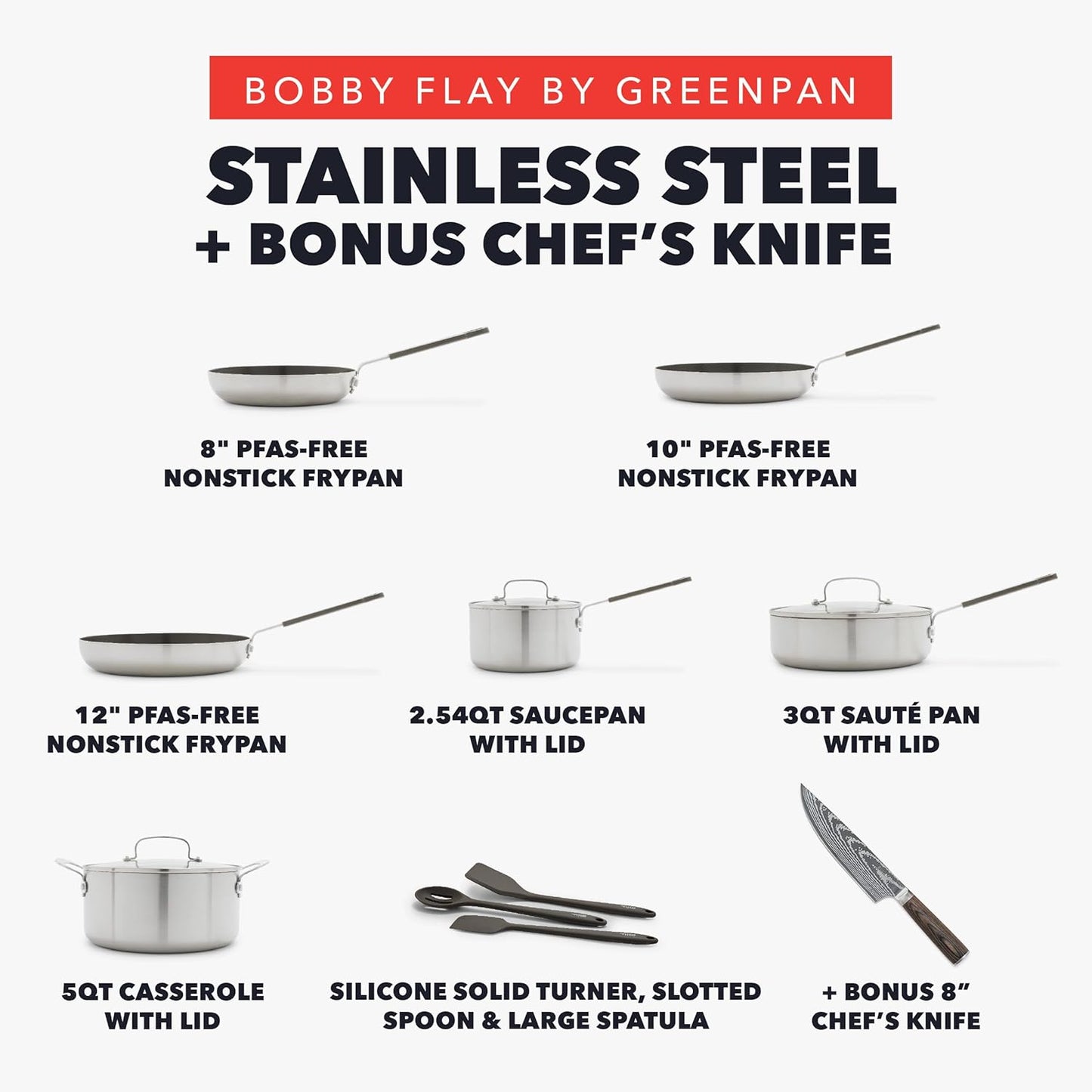 GreenPan x Bobby Flay Stainless Steel 12 Piece Cookware Pots and Pans Set and 8" Chef's Knife, Professional Grade Tri Ply, PFAS-Free Ceramic Nonstick, Induction Suitable, Dishwasher & Oven Safe
