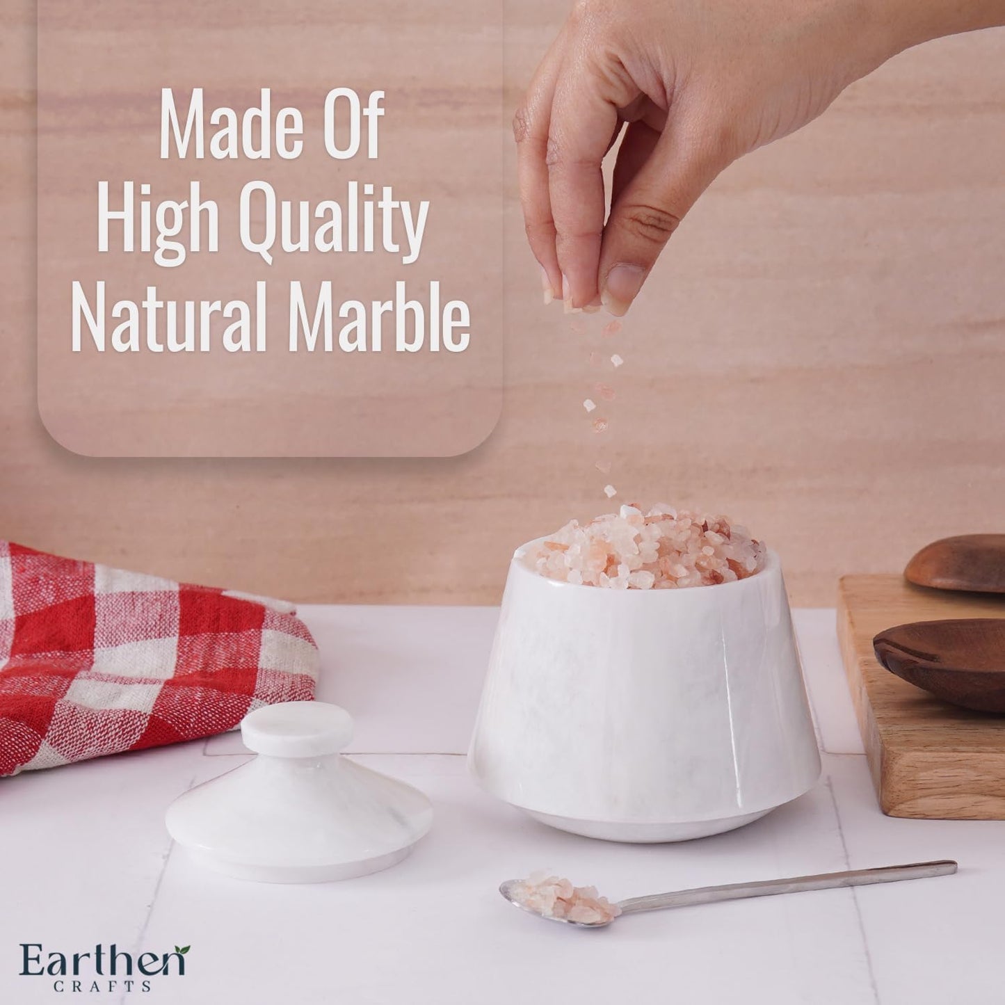 Marble Salt Cellar With Lid White 4 Inch Salt Jar with Spoon, Salt and Spices Storage Box For Kitchen Counter, Modern Salt Keeper