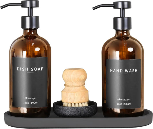 Set of 5 Kitchen Soap Dispenser Set 16 Oz Glass Hand Dish Soap Dispenser with Stainless Steel Pump, Cement Tray, Dish Scrub Brush for Farmhouse Rustic Home Bathroom Decor (Brown)