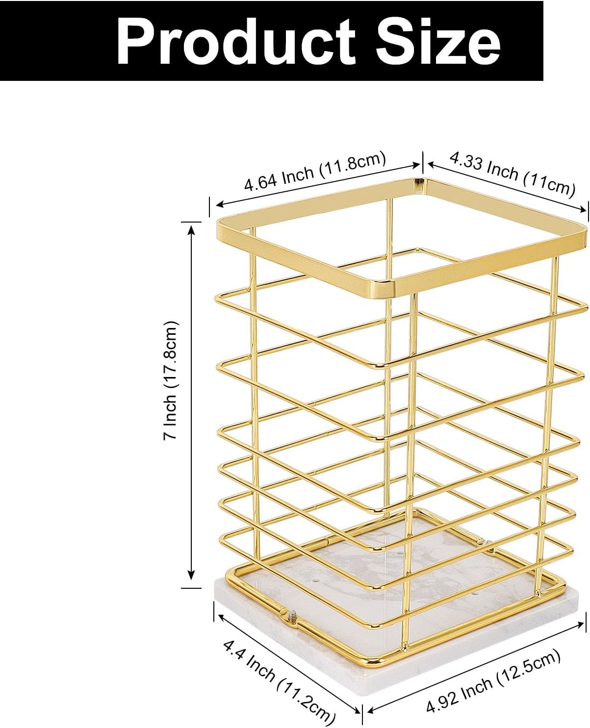 Square Kitchen Utensil Holder, Sturdy Metal Rack for Countertop Storage, Cooking Tools Organizer with Drainage Hole, Stylish Utensil Caddy for Effortless Kitchen Organization, with Marble Base