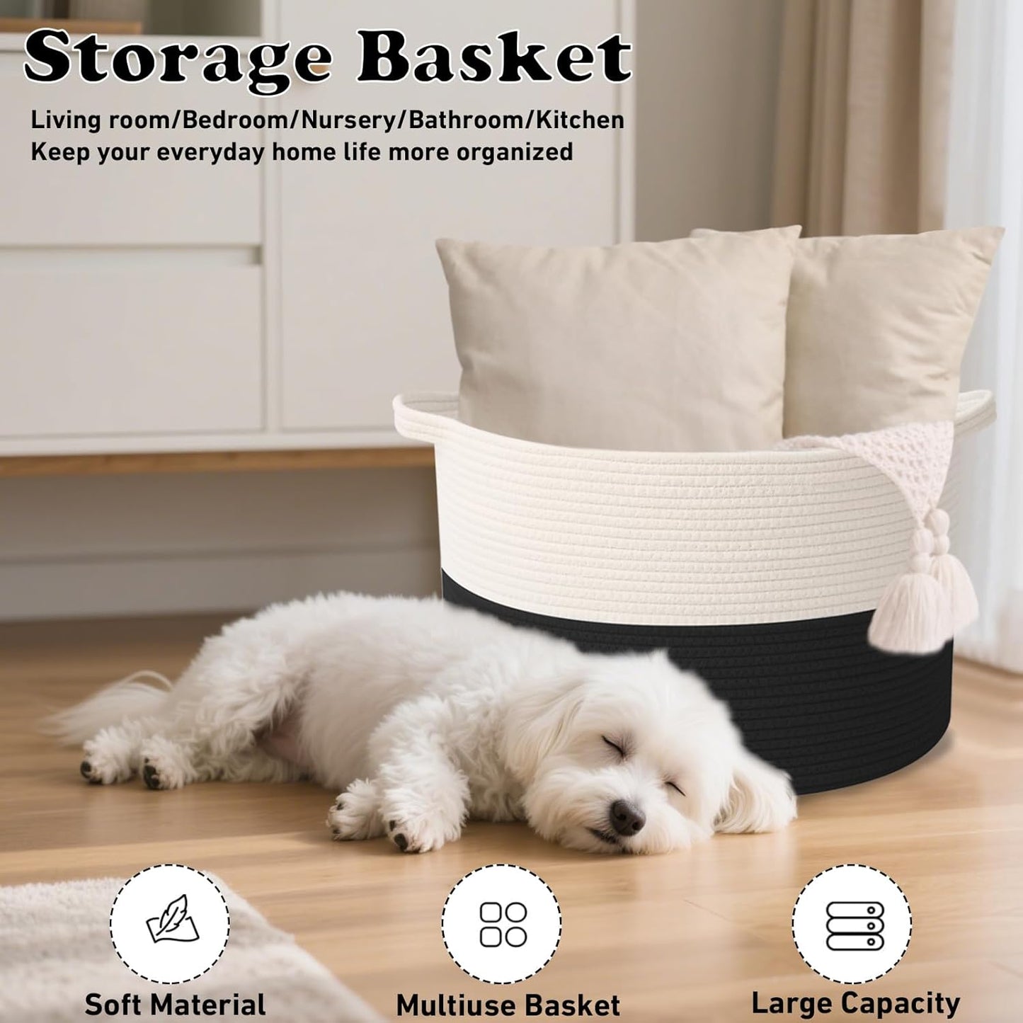 Large Blanket Basket for Organizing,115L Closet Organizers and Storage Bins Box for Shelves Woven Rope Storage Baskets,Living Room,Bedroom,Dorm,Laundry room (White&Black)