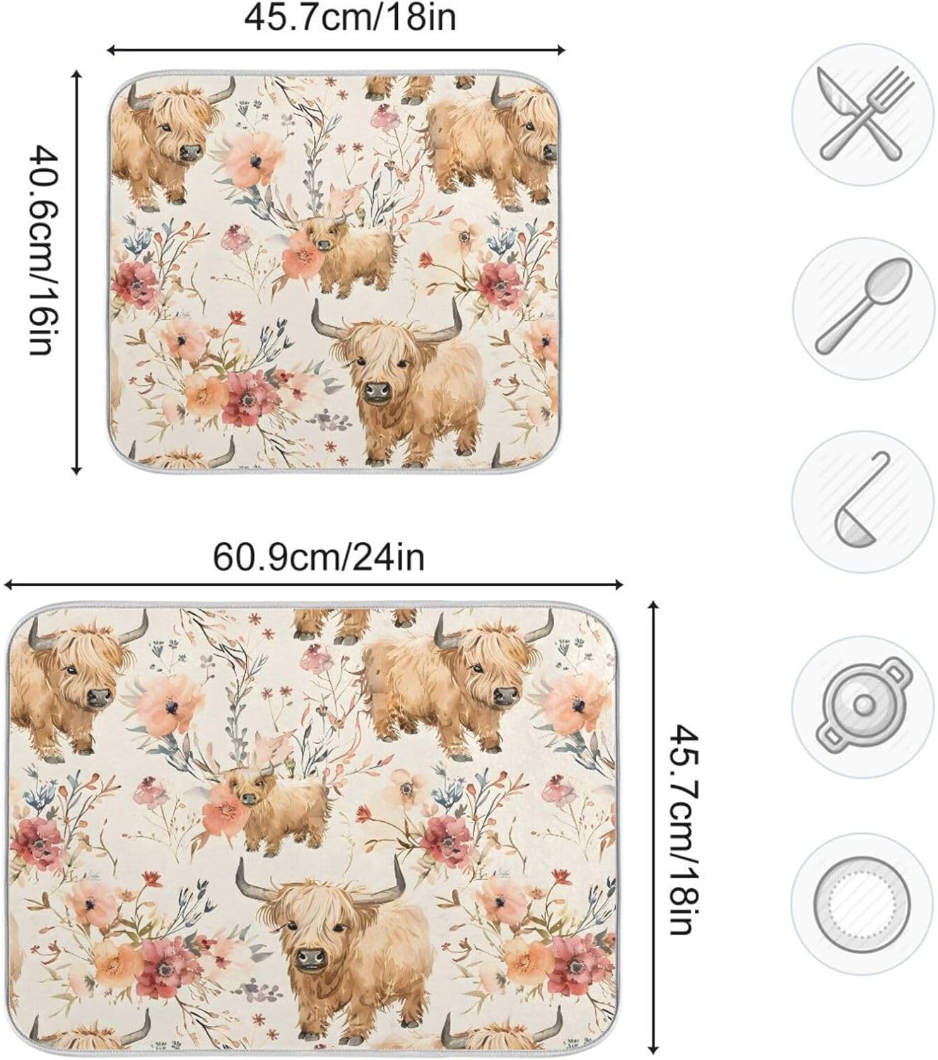 Cute Highland Cows Flowers Dish Drying Mat for Kitchen Counter Absorbent Microfiber Drying Pad, Large 18x24 in, Reversible Drainer Mats