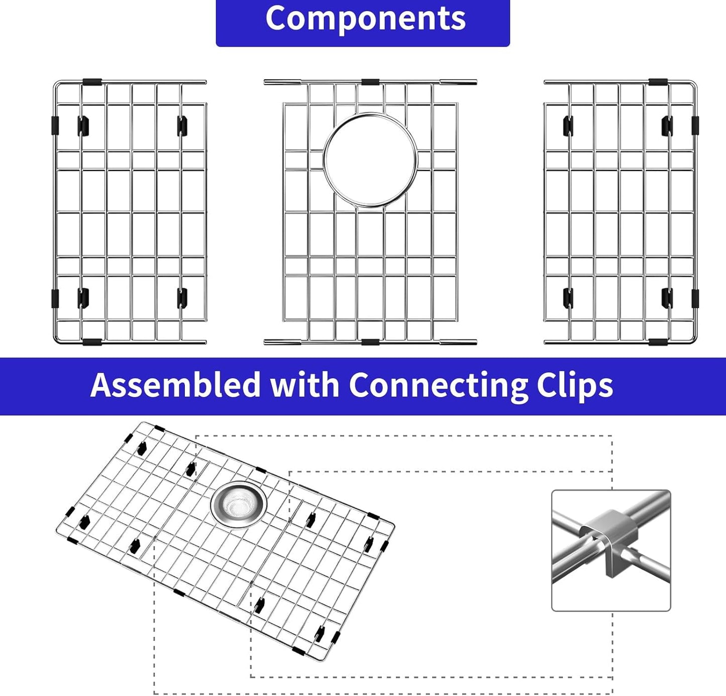 Sink Protectors for Kitchen Sink, Sink Grate Grid for Bottom of Sink, Metal Sink Rack, Bottom Basin Rack, Stainless Steel, 28.4" x 14.2"