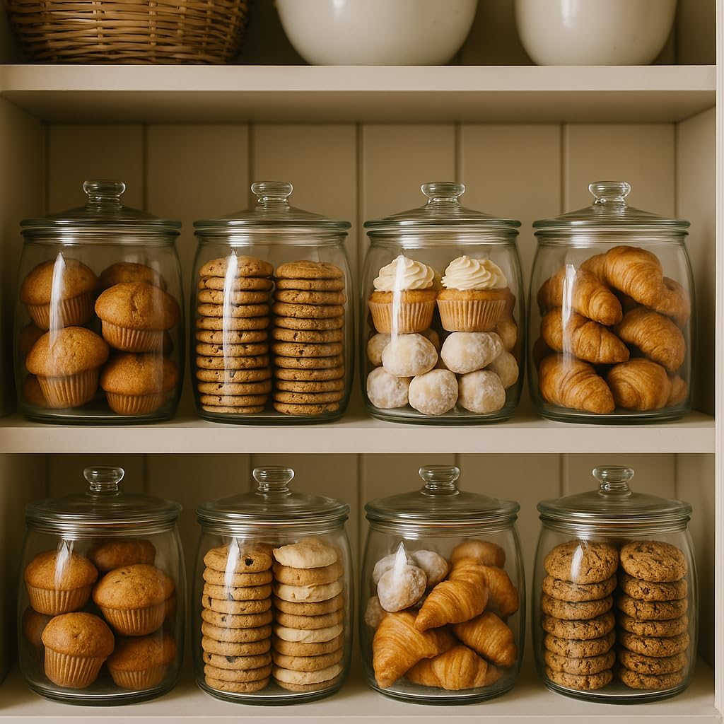 Half Gallon Glass Cookie Jars with Airtight Lids - Big Food Storage Containers for Kitchen Pantry - Dog Treats, Flour, Sugar, Biscotti, & Candy - 64oz Canisters Pack of 2