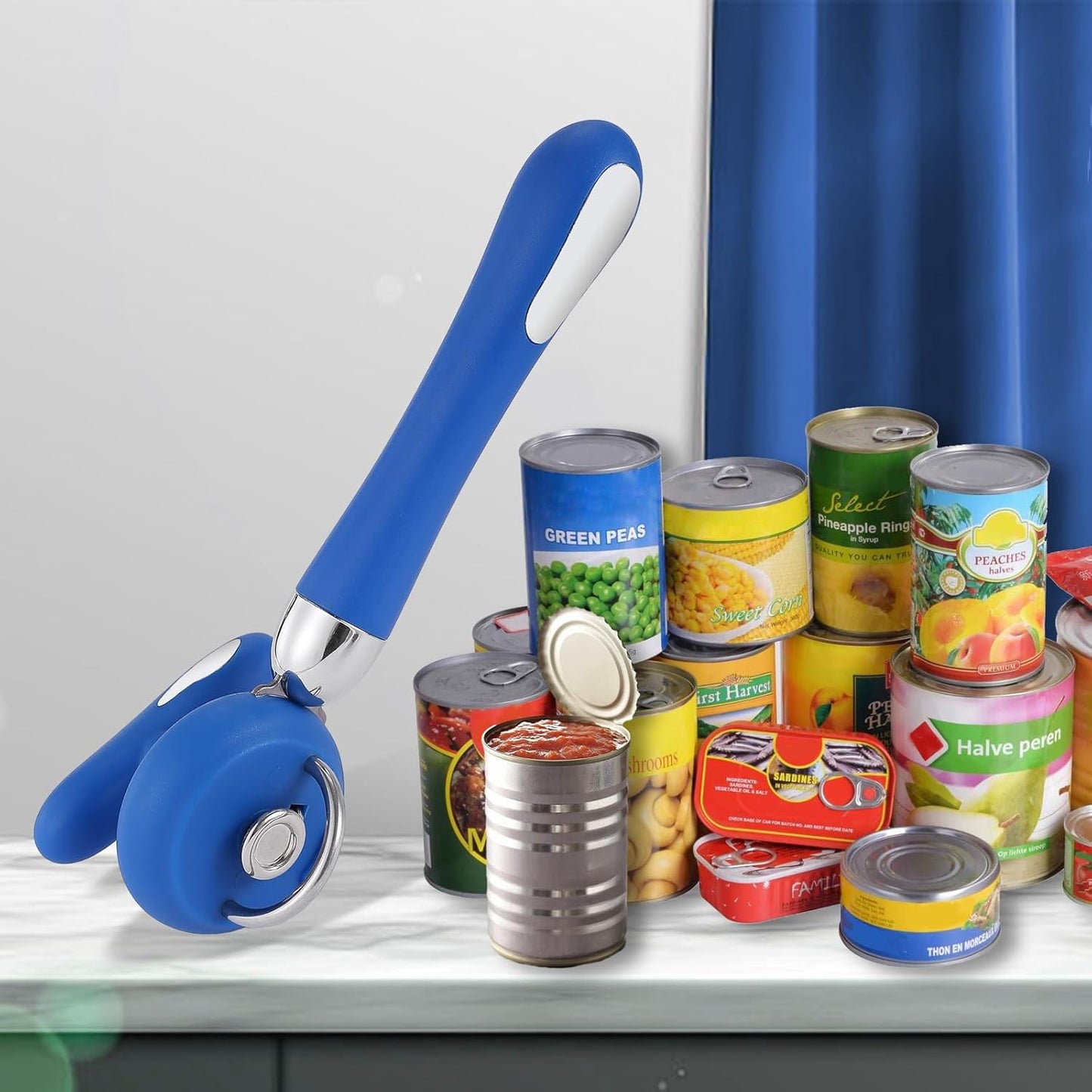 Can Opener Manual Tin Opener Stainless Steel Heavy Duty, Oversized Hand-held Easy Rotary Knob, Safe Cut Manual Can Opener with Non-Slip Handle, Smoother Cut Sharp Blade for Seniors Kitchen Tool, Blue