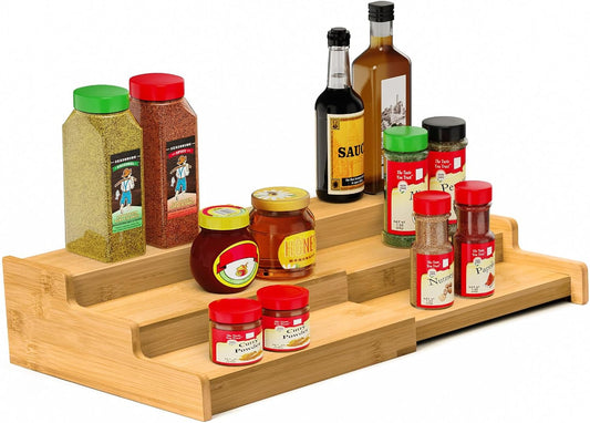Spice Rack Organizer, 3 Tier Expandable Bamboo Spice Rack Organizer, Great for Kitchen Cabinet, Cupboard, Pantry and More-Bamboo