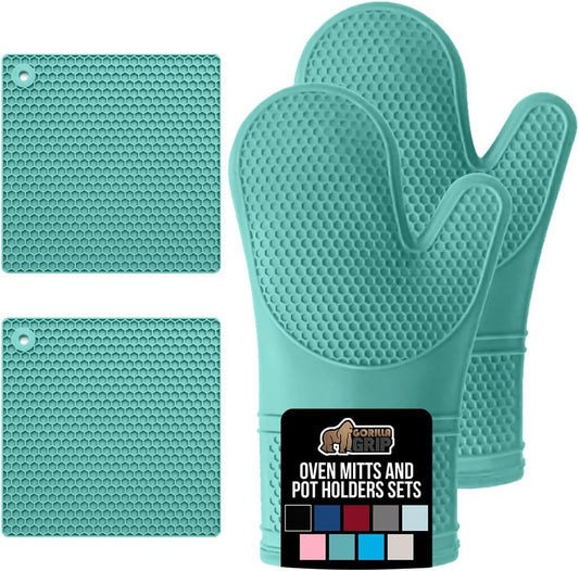 GORILLA GRIP BPA-Free Soft Silicone Oven Mitts and Pot Holders Sets, Heat Resistant Waterproof Cooking Gloves, Thick Cotton Lining, Flexible Gripping for Baking Grilling, Kitchen Trivets, Turquoise