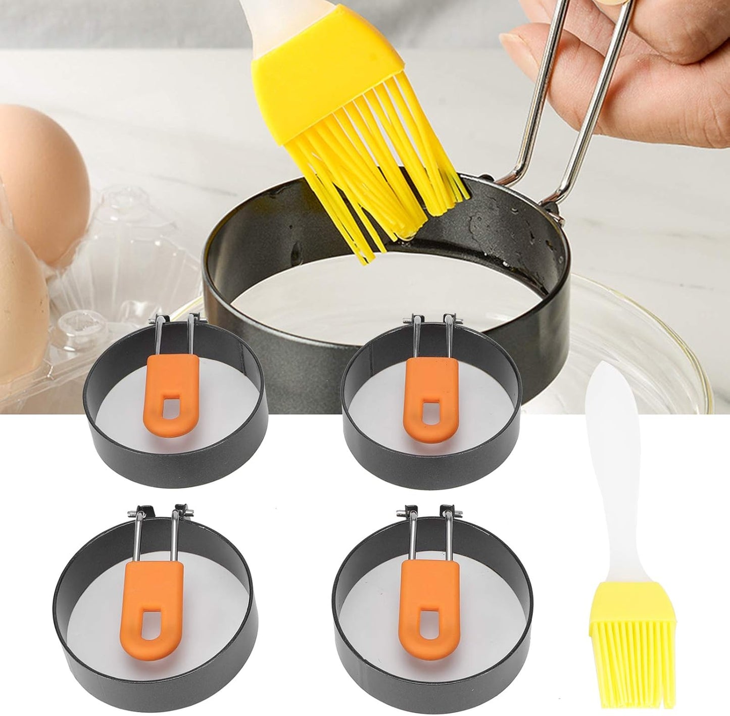 Nonstick Egg Rings, 3.3 In Round Professional Pancake Mold With Silicone Handle And Oil Brush, 4pcs Non Stick Round Moldsfor English Muffins, Griddle Cooking Shaper, Egg Rings for Griddle