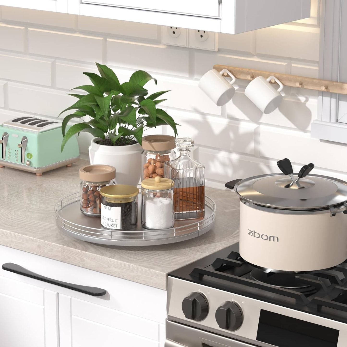 12" Silver Lazy Susan for Table Top, Oak Wood Lazy Susan Turntable Organizer for Dining Coffee Table Centerpiece Bar Decor Kitchen Countertop Bathroom Vanity Decorative Tray for Perfume Jewelry Round