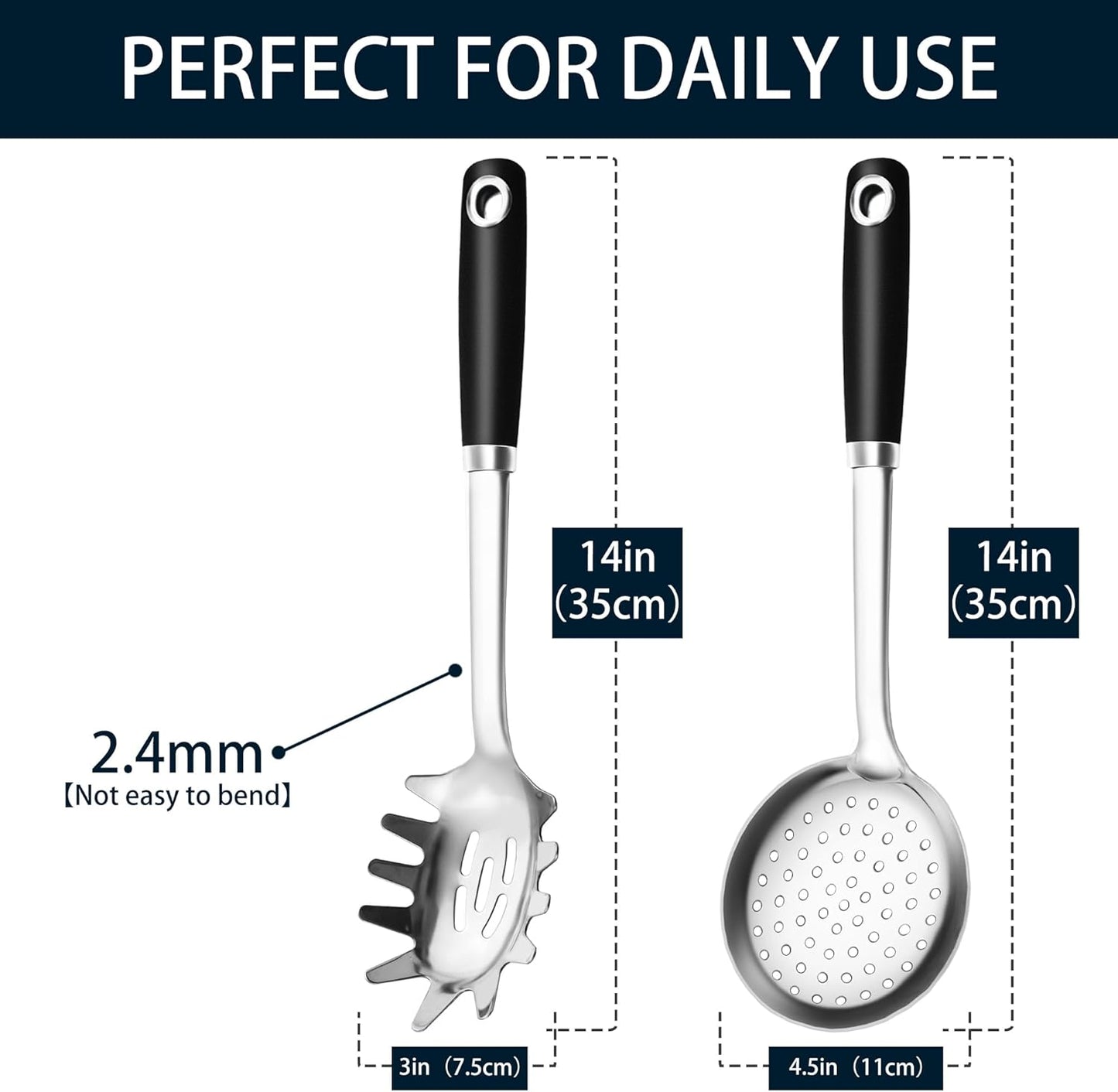 18/0 Stainless Steel Spaghetti Spoon & Slotted Spoon for Cooking, Heavy Duty Frying Spoon Pasta Strainer Skimmer, Cooking Utensils Commercial and Residential Use, Pack of 2