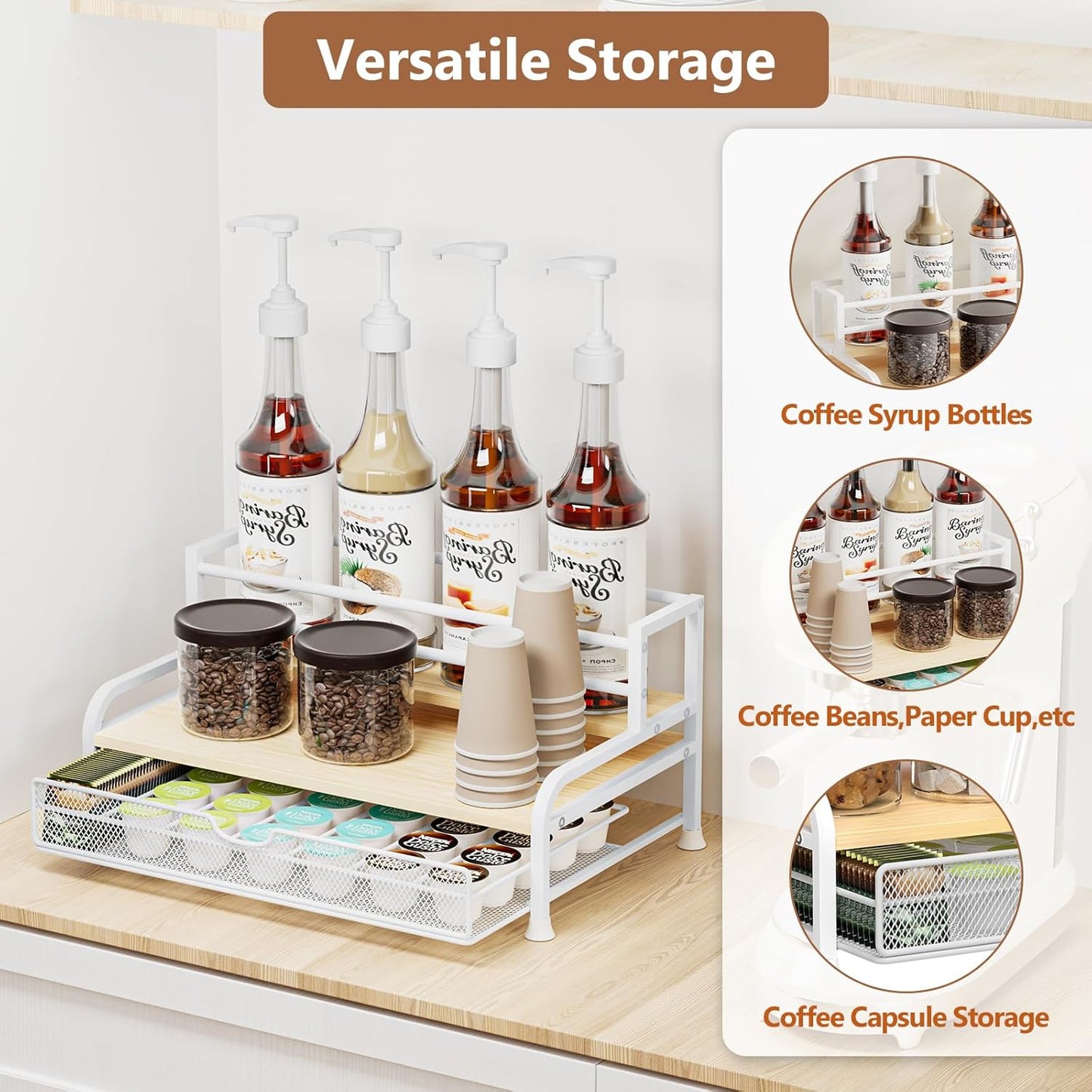 Coffee Syrup Rack Organizer, 3-Tier 8 Bottles Syrup Rack with 35 K Cup Storage Basket for Coffee Bar, Countertop Bottle Holder Stand for Wine, Dressing for Kitchen Cafe Station- White