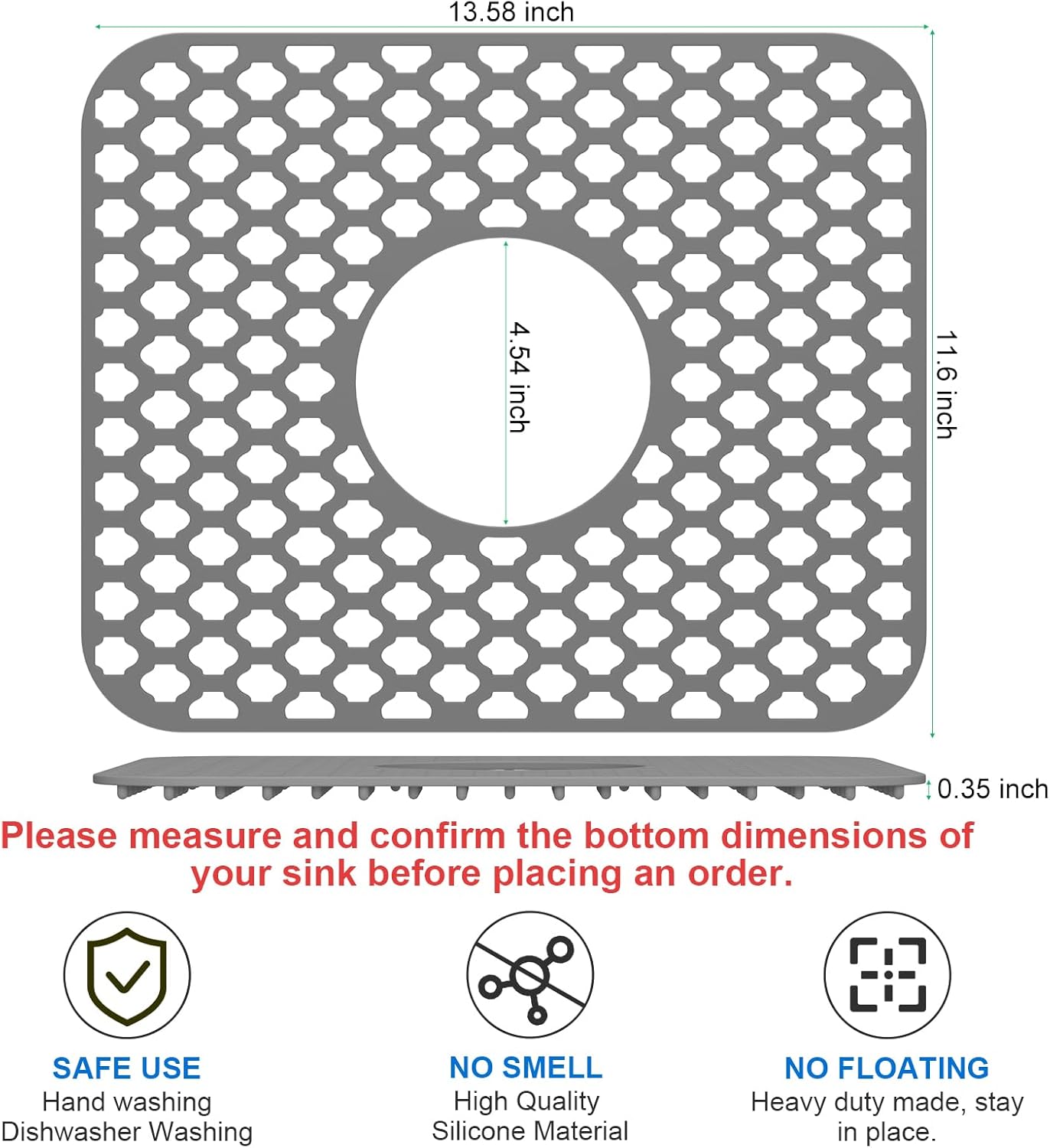 TOOVEM Kitchen Sink Mats, 2PCS Non-Slip Heat Resistant Silicone Sink Protector Mat, Folding Farmhouse Rear Drain Sink Mats, Center Drain, Grey