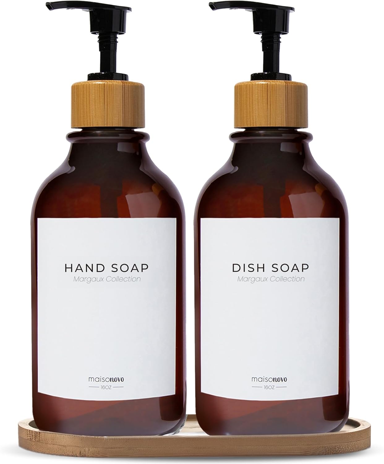 Maisonovo Plastic Soap Dispenser Set | Hand Soap and Dish Soap Dispenser Set | 16.9oz Amber Bottles with Black Bamboo Pump | Bathroom Lotion Dispenser with Pump Set of 2