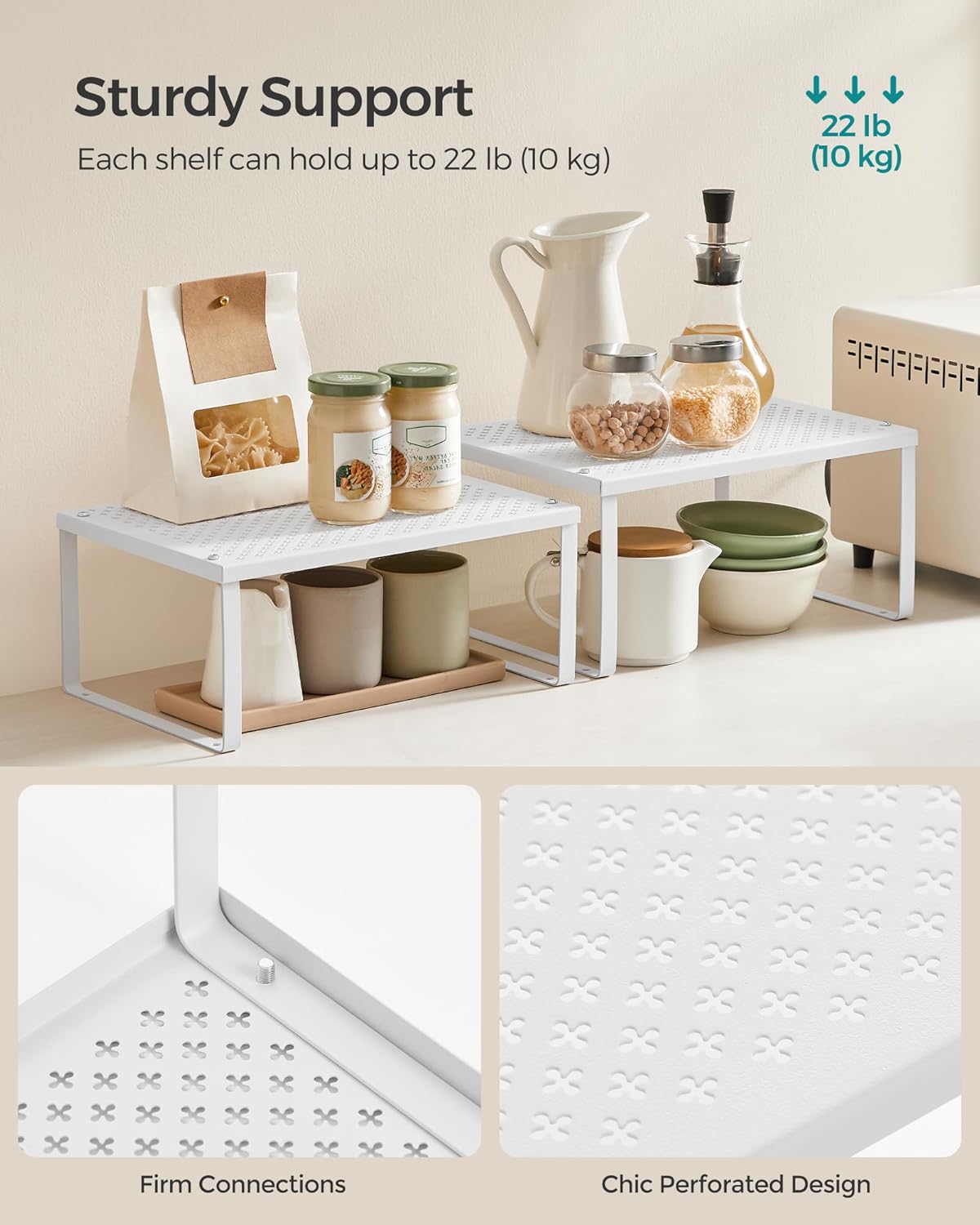 SONGMICS Spice Racks, Set of 2 Metal Cabinet Shelf Organizers, Countertop Organizers, Shelf Risers, Stackable, Expandable, White UKCS01WT