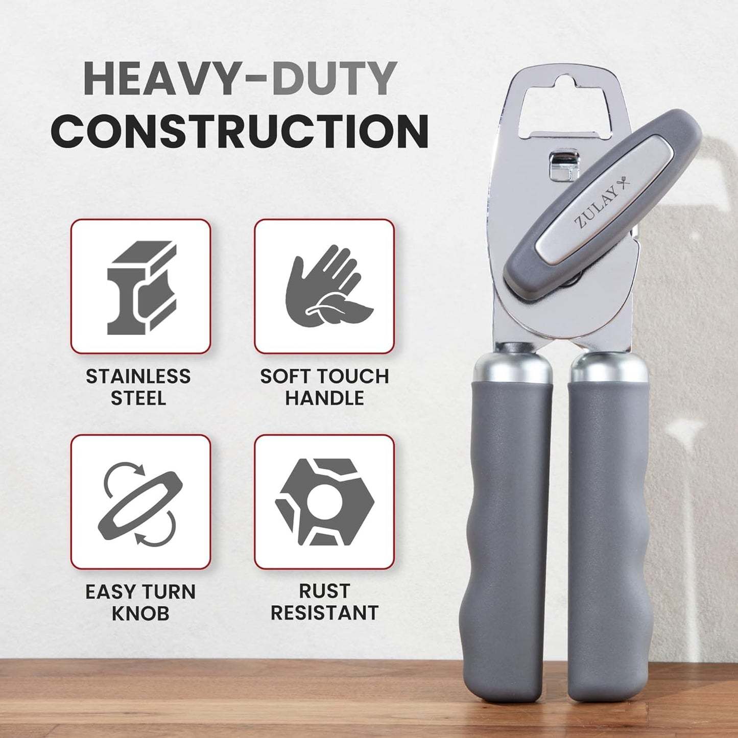 Zulay Kitchen Heavy Duty Stainless Steel Can Opener Manual with Bottle Opener - Rust Proof Manual Can Opener With Turn Knob & Soft Grip Handles