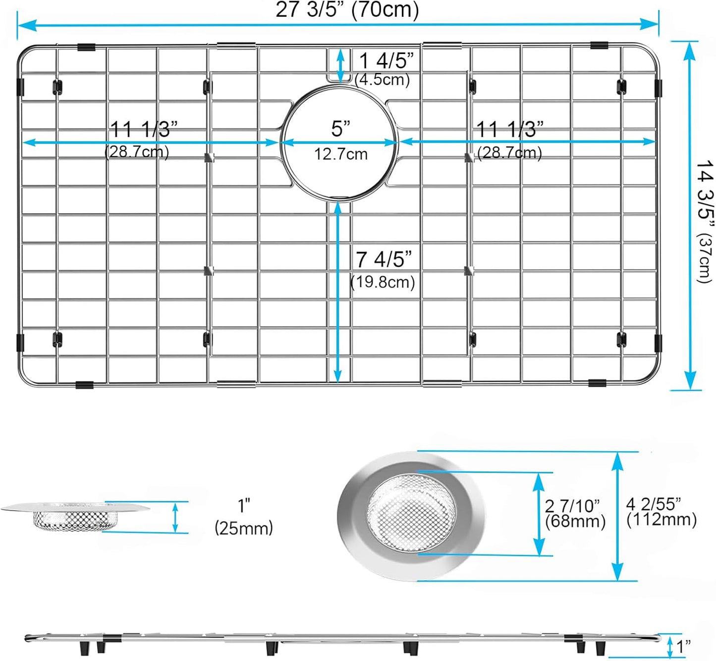 iPEGTOP Sink Bottom Grid, 3-Piece Stainless Steel Sink Protector 27-9/16" x 14-9/16" with Rear Drain Hole, Sink Grate Sink Rack for Bottom of Kitchen Sink Single Sink Bowl with Sink Hole Cover