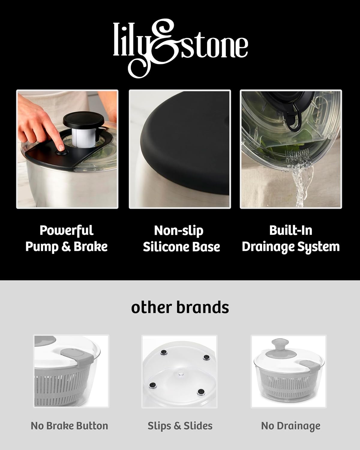 Stainless Steel Pump Salad Spinner Large - Easy Compact Kitchen Tool - Stainless Steel Bowl, Drain & Colander - Lettuce Spinner, Vegetable Dryer, Fruit Washer, Pasta & Fries Produce Strainer - 6.33 Qt